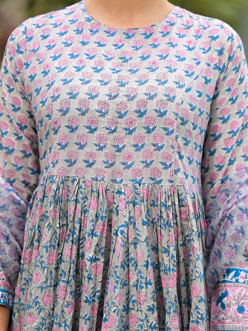Noe Velarro Floral Printed Round Neck Pure Cotton Anarkali Kurta With Trousers & Dupatta