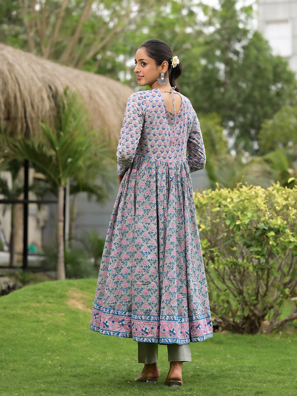 Noe Velarro Floral Printed Round Neck Pure Cotton Anarkali Kurta With Trousers & Dupatta