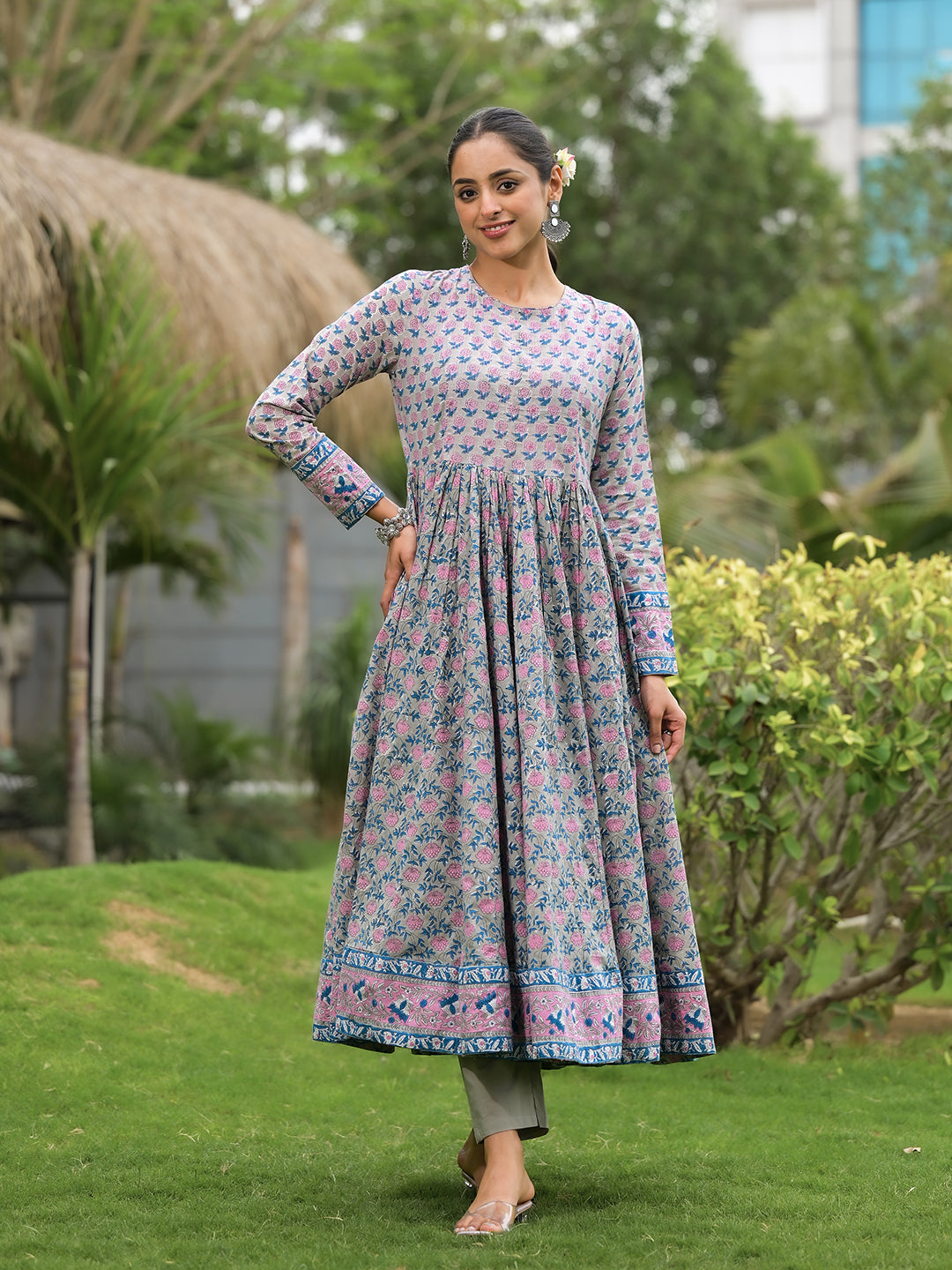 Noe Velarro Floral Printed Round Neck Pure Cotton Anarkali Kurta With Trousers & Dupatta