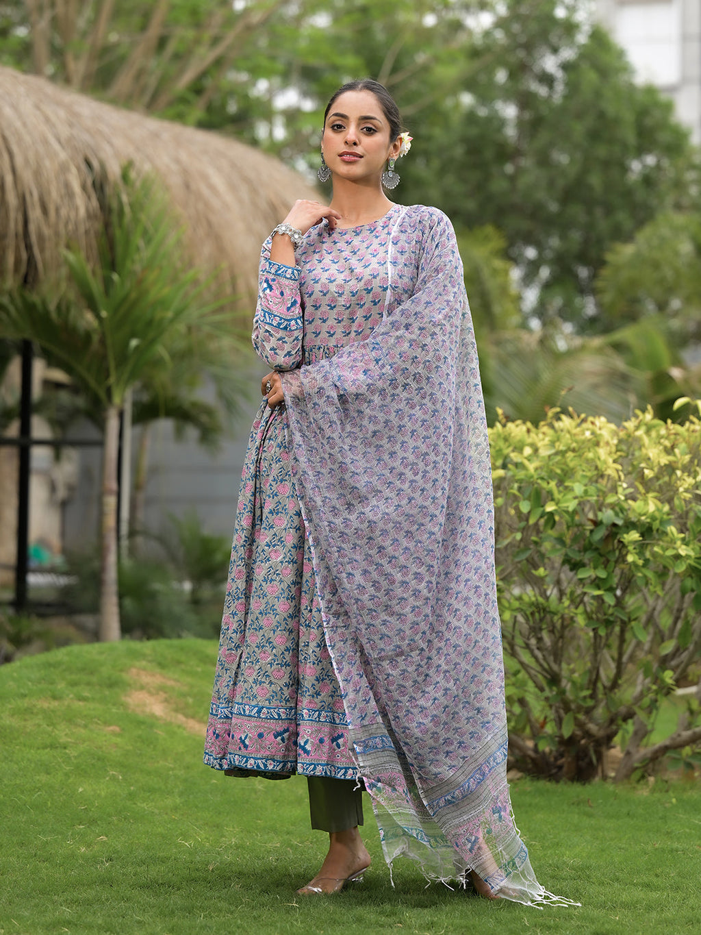 Noe Velarro Floral Printed Round Neck Pure Cotton Anarkali Kurta With Trousers & Dupatta
