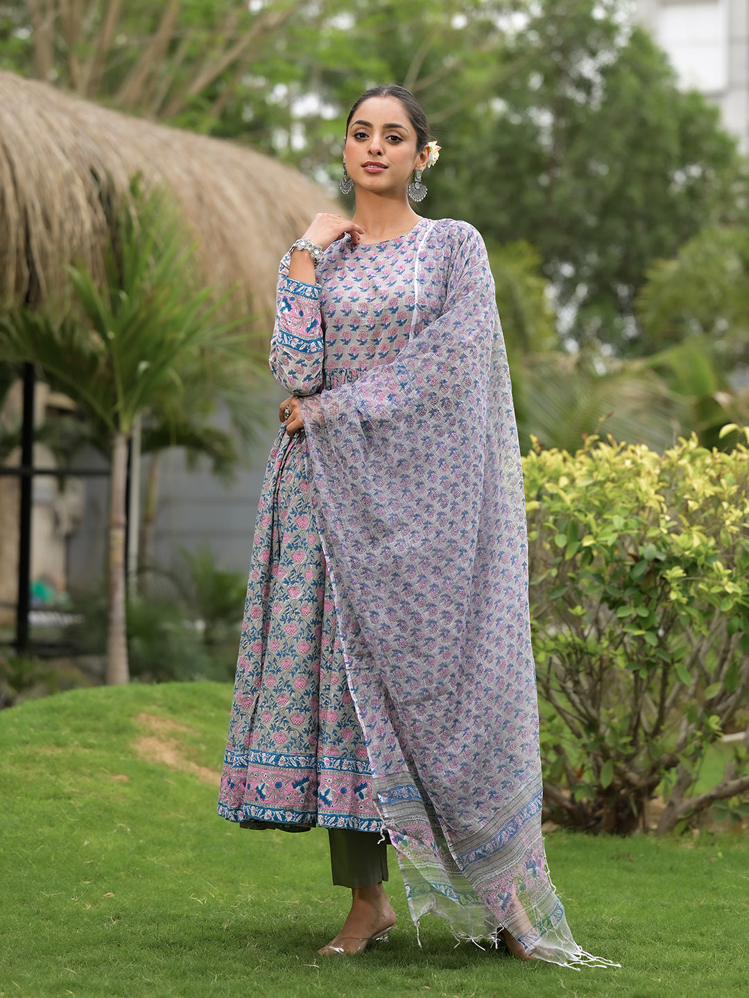 Noe Velarro Floral Printed Round Neck Pure Cotton Anarkali Kurta With Trousers & Dupatta