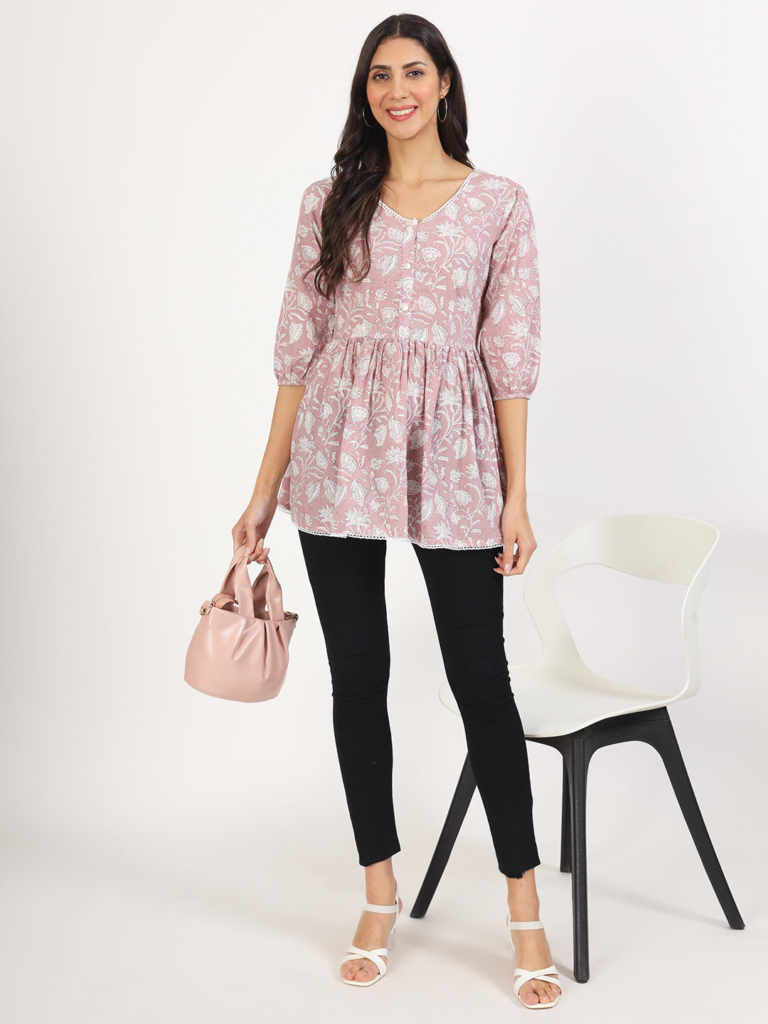 Noe Velarro Pink Floral Printed Cotton Top