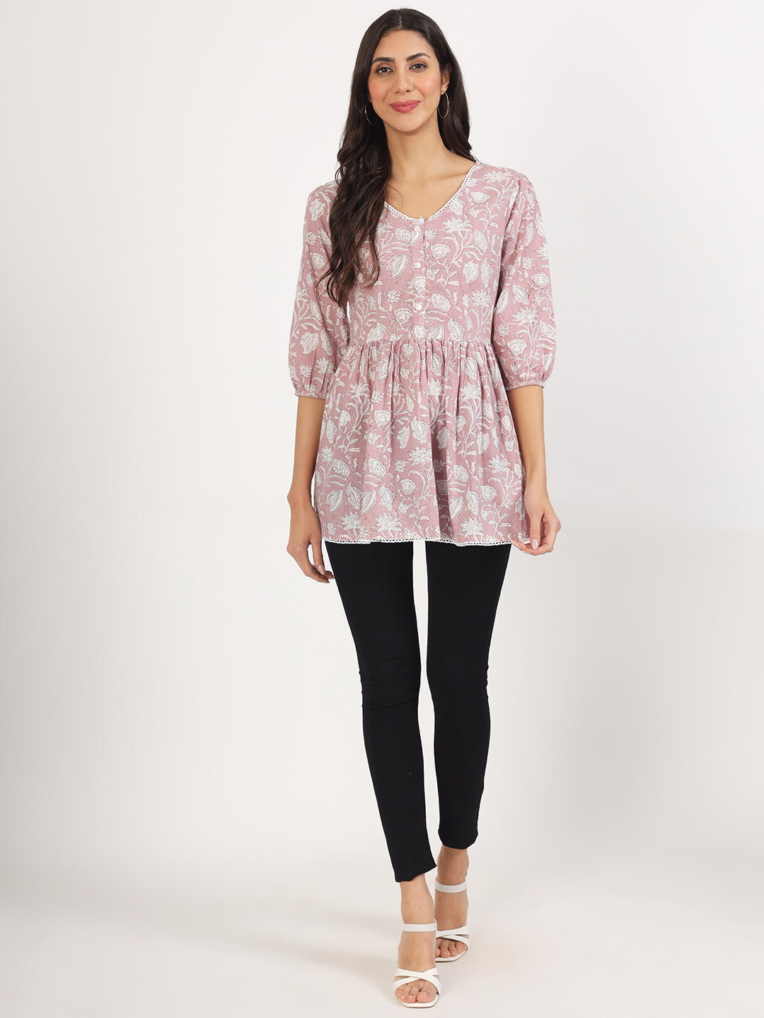 Noe Velarro Pink Floral Printed Cotton Top