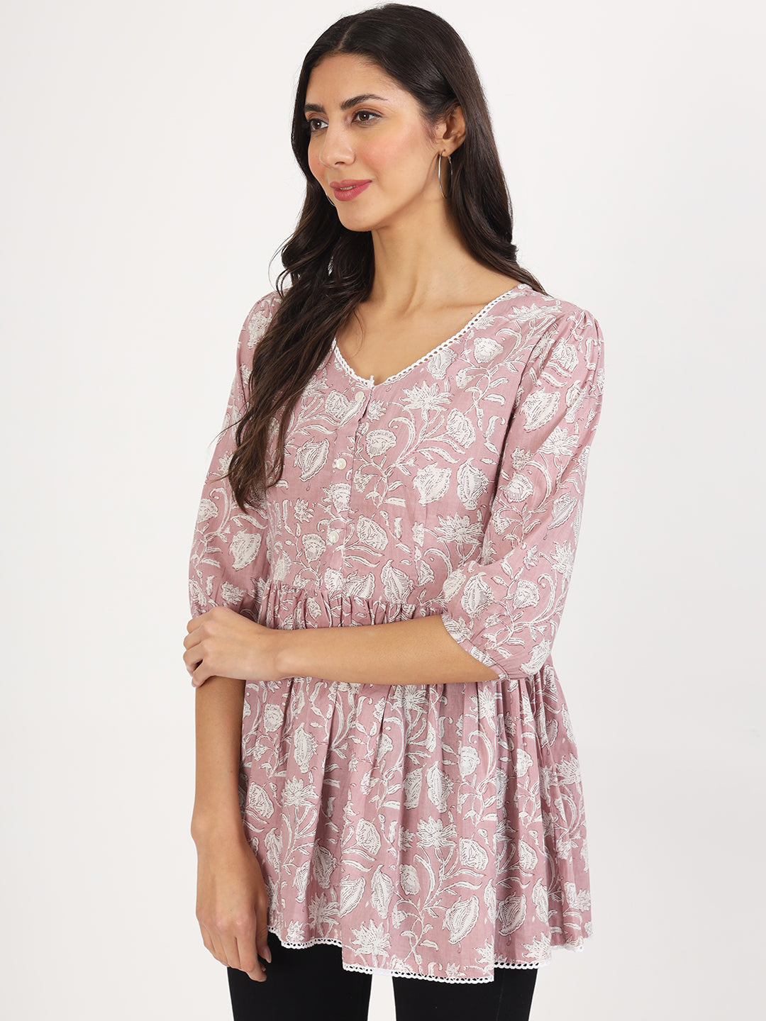 Noe Velarro Pink Floral Printed Cotton Top