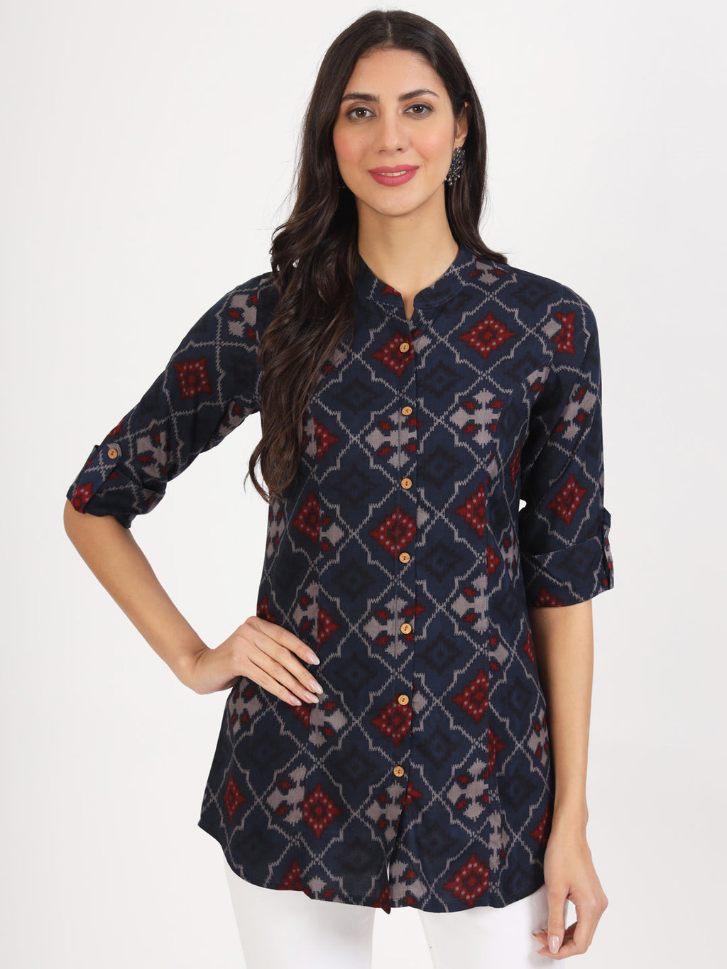 Noe Velarro Blue Geometric Printed Rayon Top
