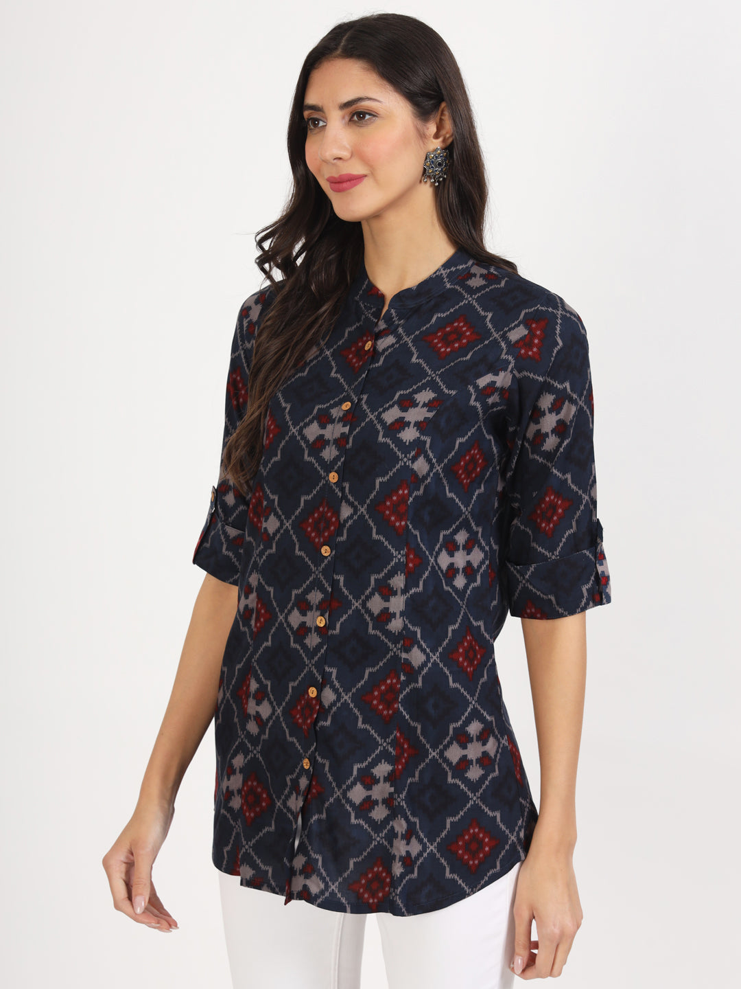Noe Velarro Blue Geometric Printed Rayon Top