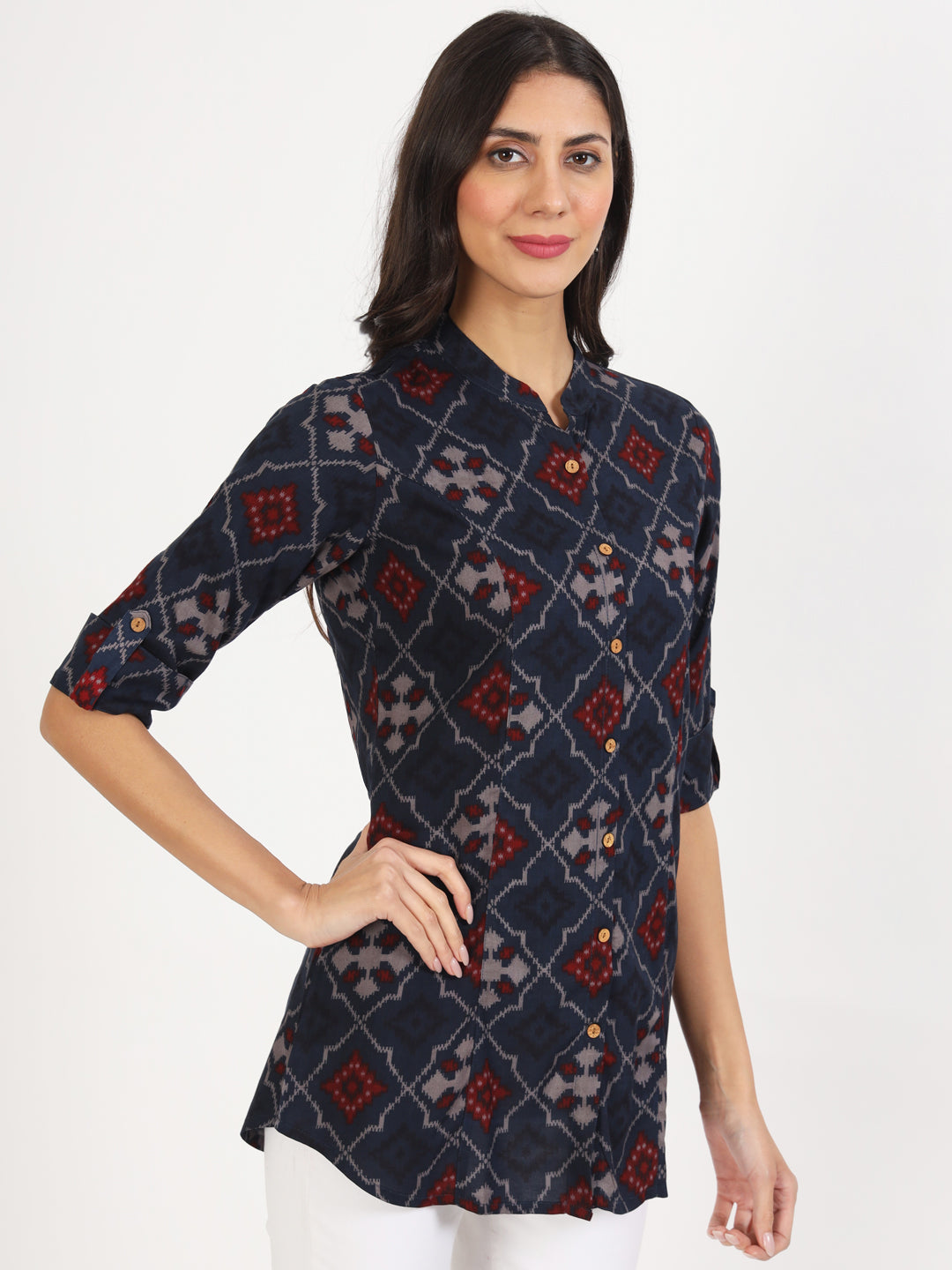 Noe Velarro Blue Geometric Printed Rayon Top