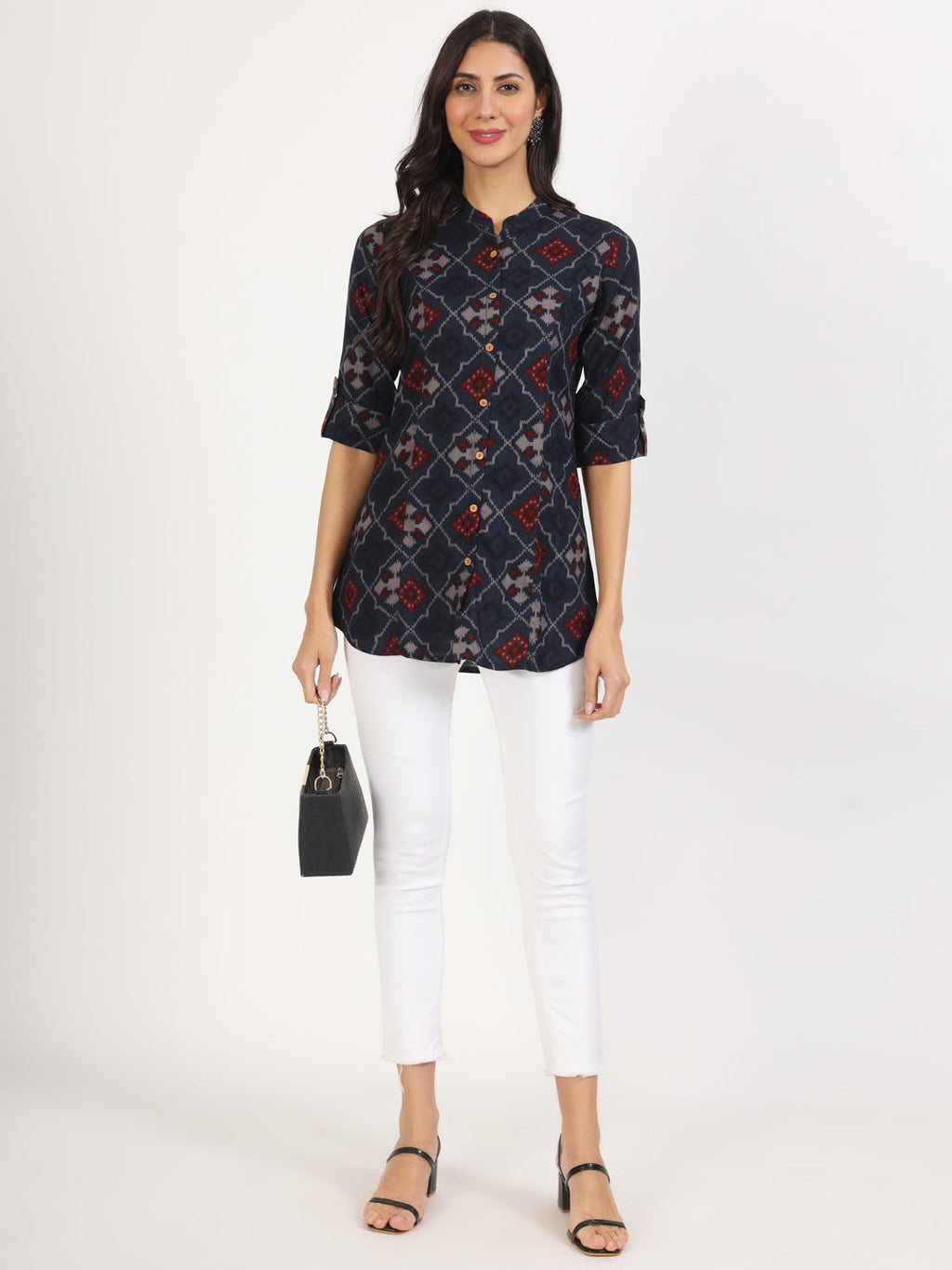 Noe Velarro Blue Geometric Printed Rayon Top