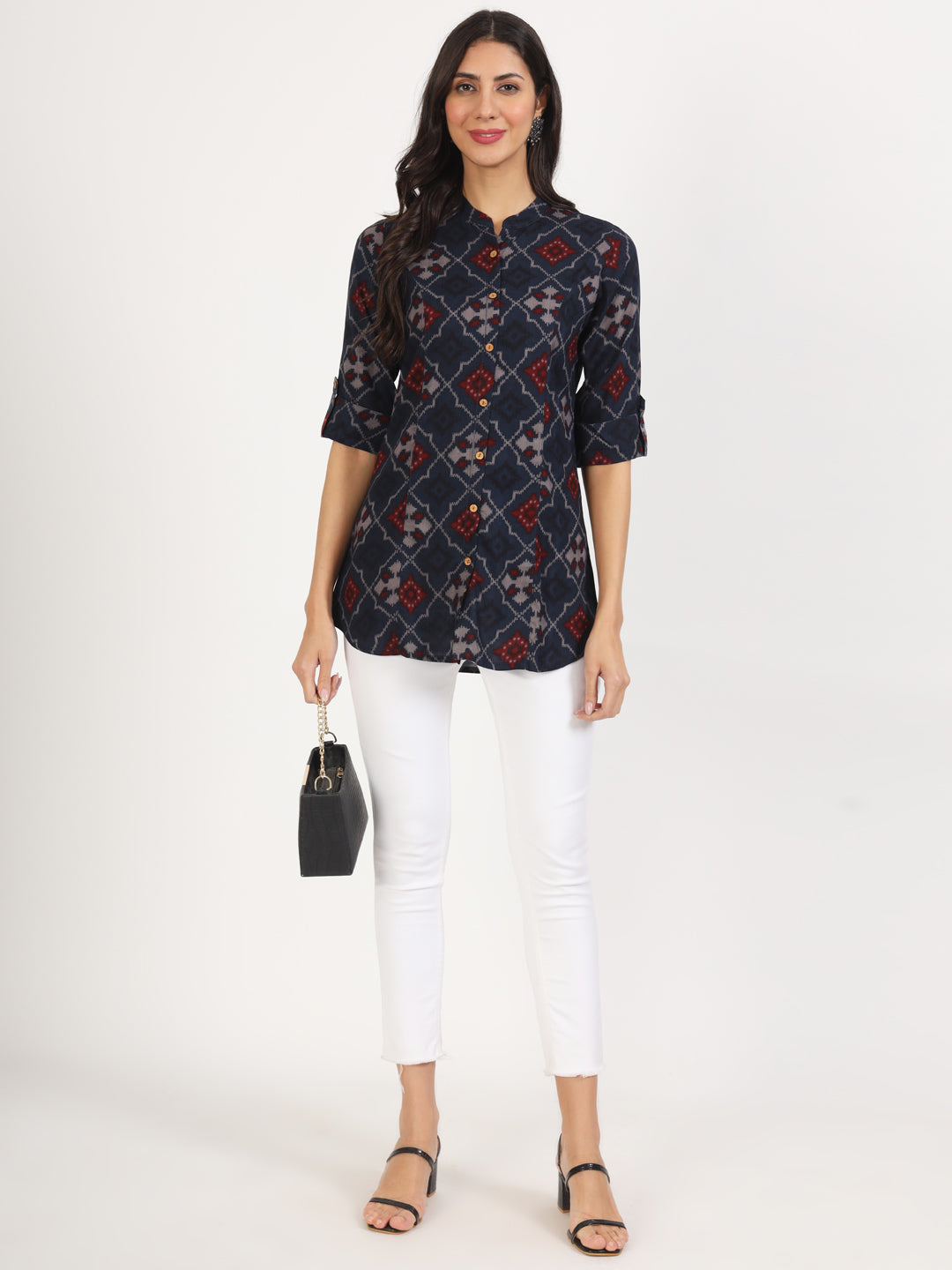 Noe Velarro Blue Geometric Printed Rayon Top
