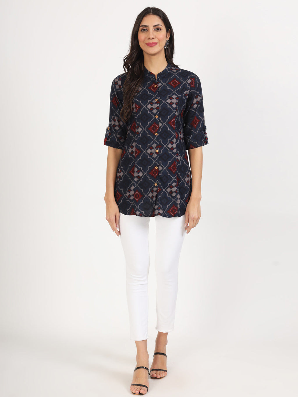 Noe Velarro Blue Geometric Printed Rayon Top
