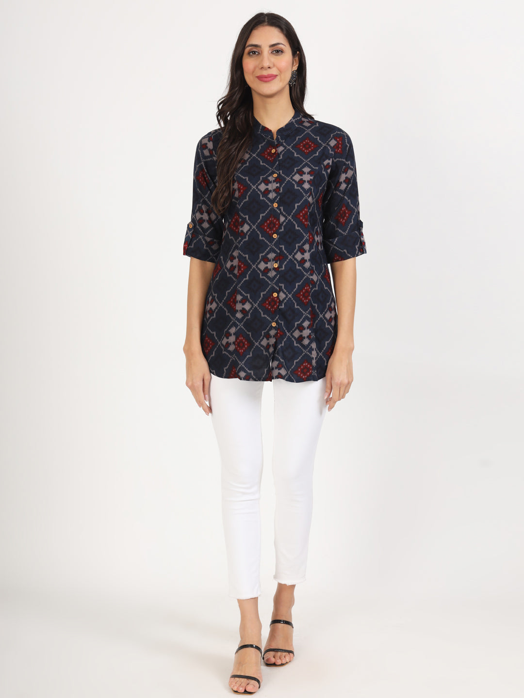 Noe Velarro Blue Geometric Printed Rayon Top