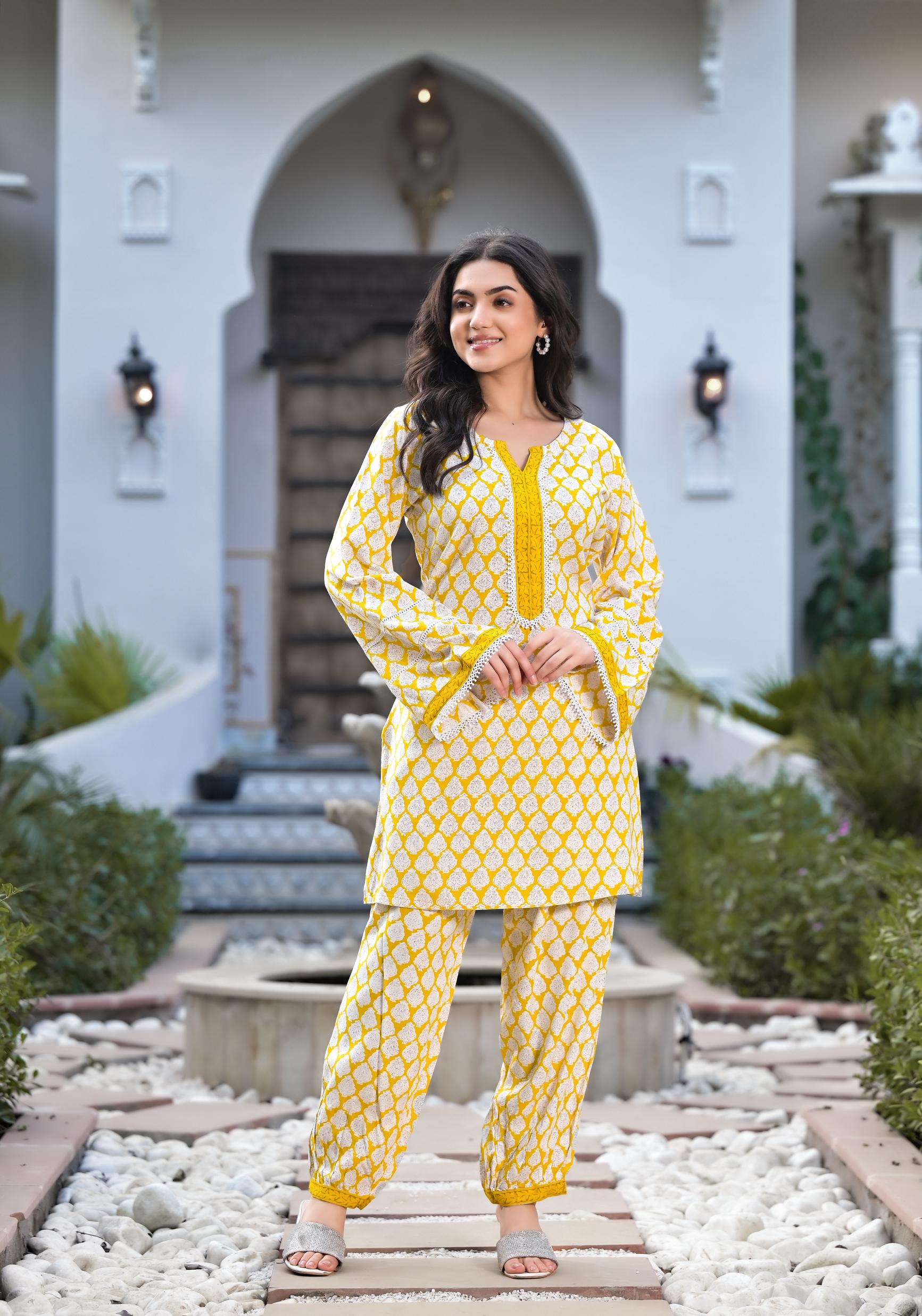 Noe Velarro Yellow Floral Print Rayon Kurta set for women