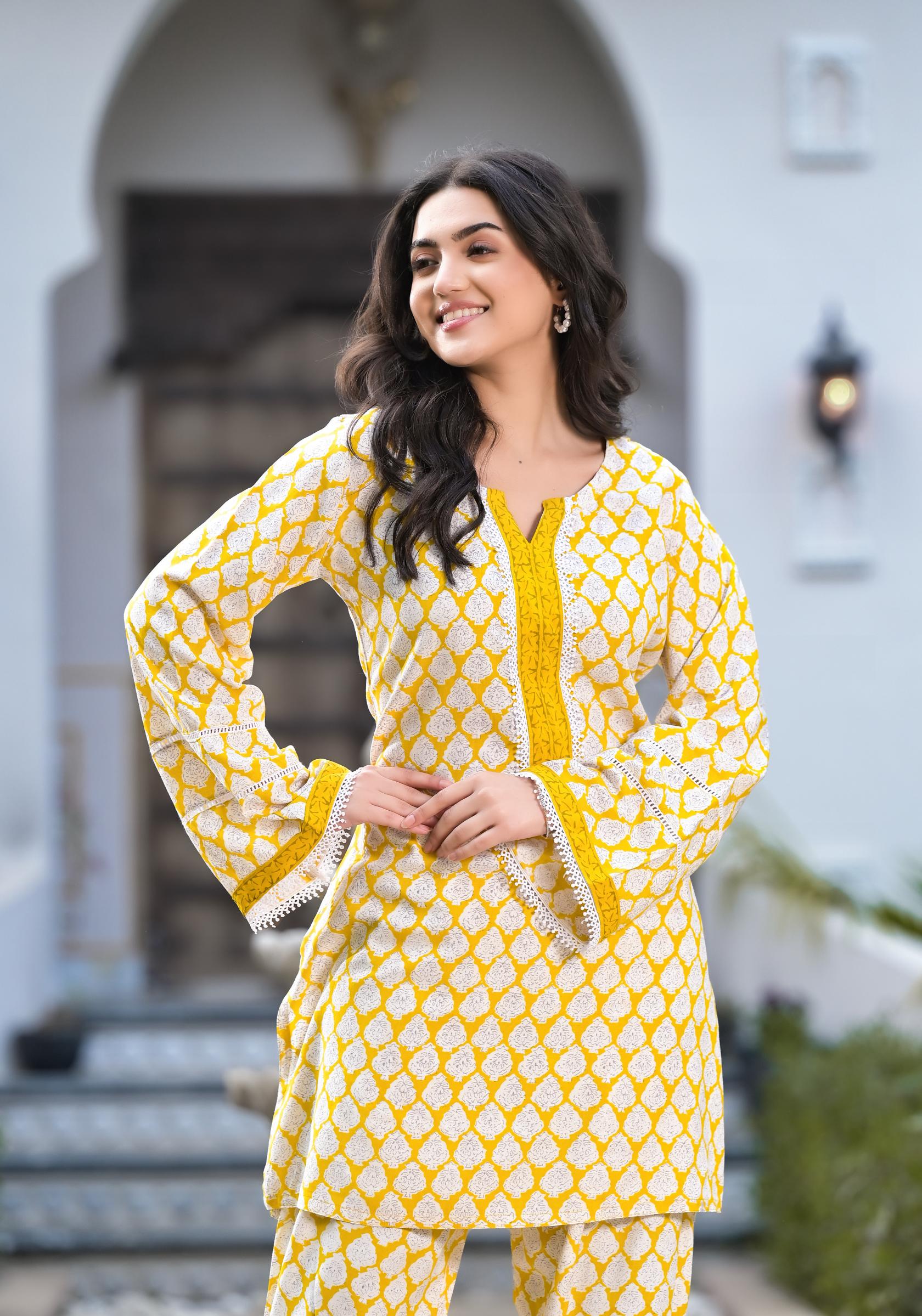Noe Velarro Yellow Floral Print Rayon Kurta set for women