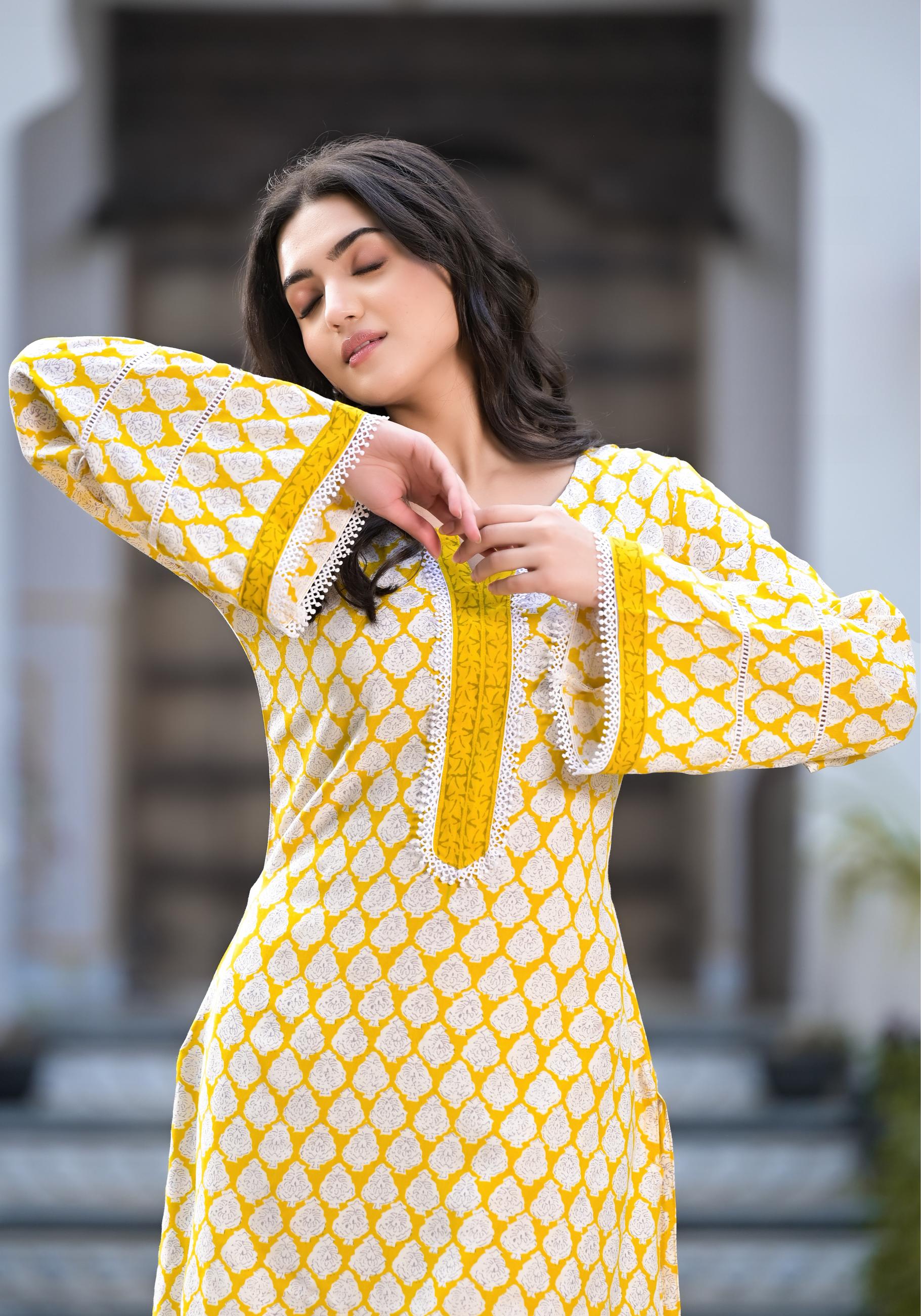 Noe Velarro Yellow Floral Print Rayon Kurta set for women