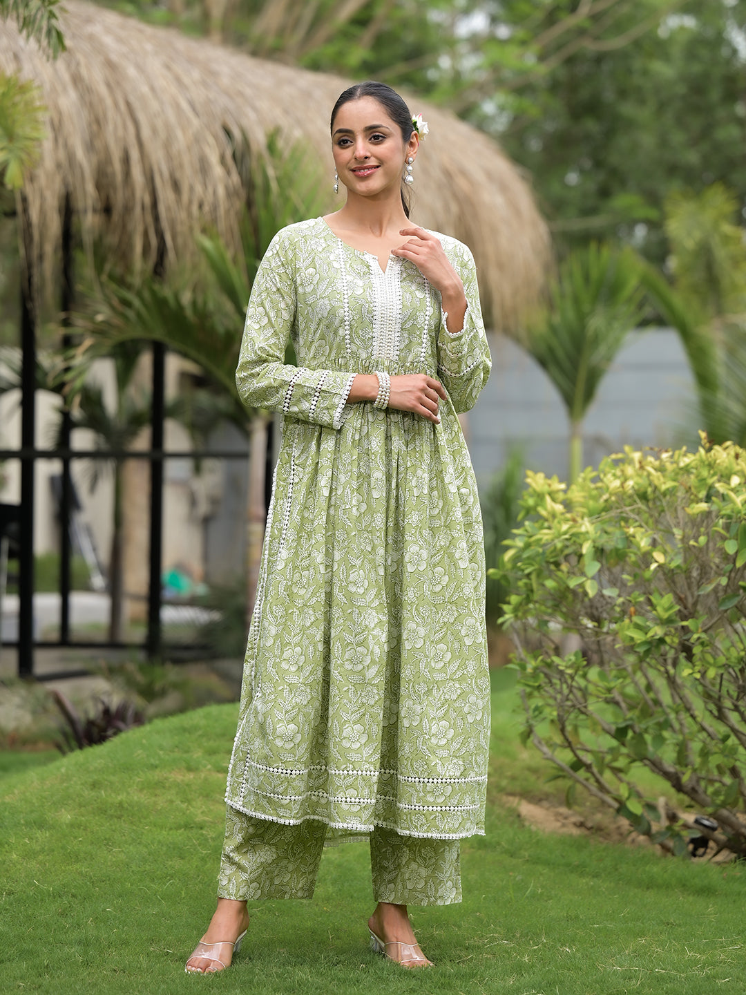Noe Velarro Green Floral Print Cotton Nyra Cut Kurta Pant Set