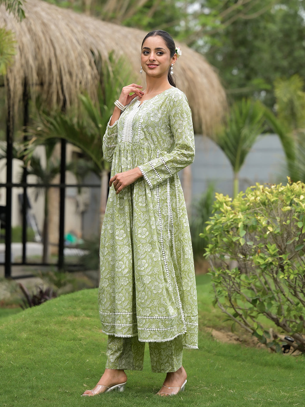 Noe Velarro Green Floral Print Cotton Nyra Cut Kurta Pant Set