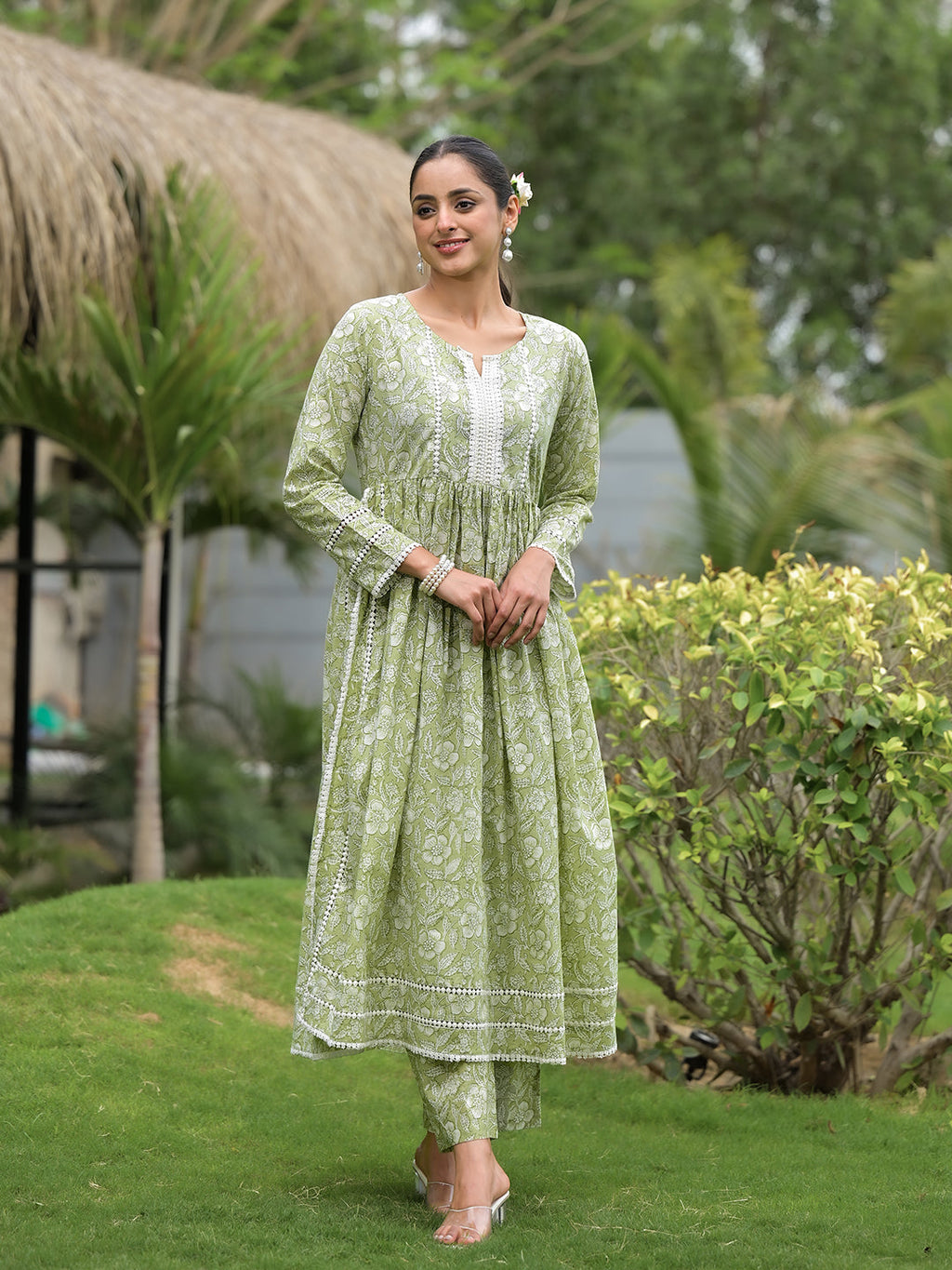 Noe Velarro Green Floral Print Cotton Nyra Cut Kurta Pant Set