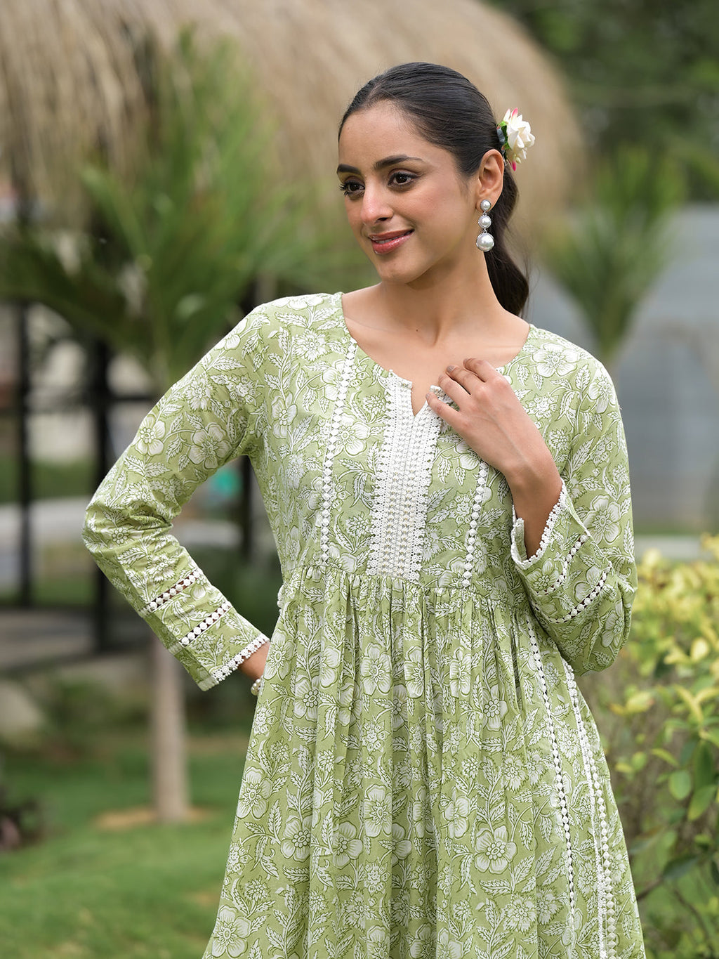 Noe Velarro Green Floral Print Cotton Nyra Cut Kurta Pant Set