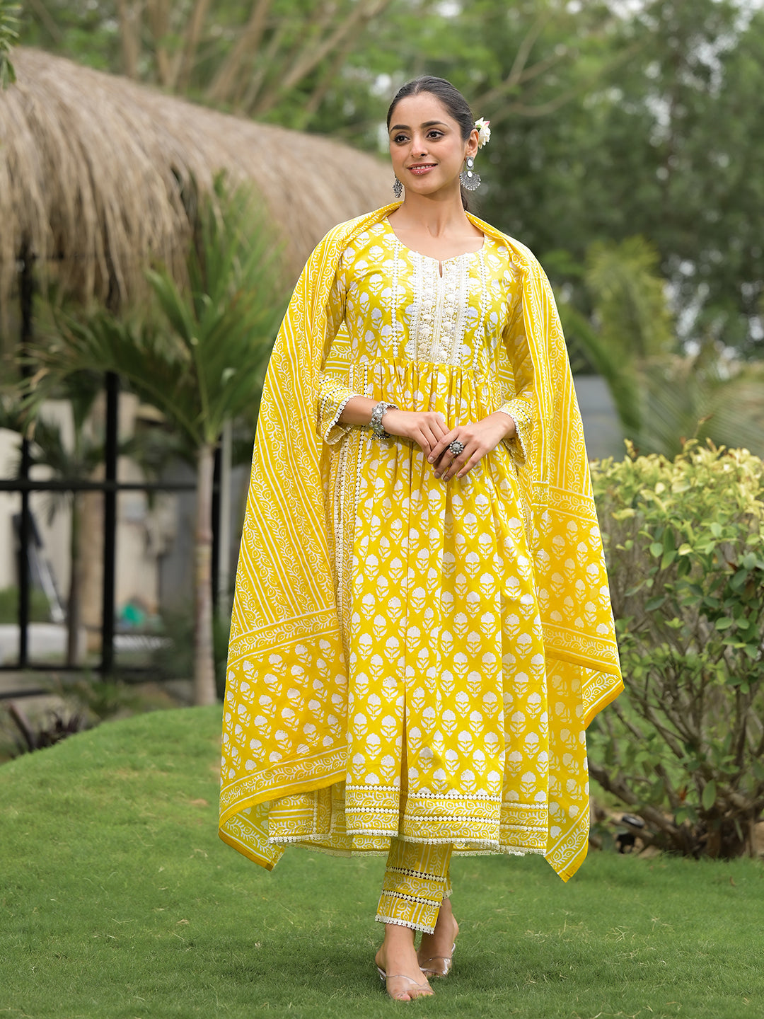 Noe Velarro Yellow Floral Print Cotton Kurta Pants with Dupatta set for women