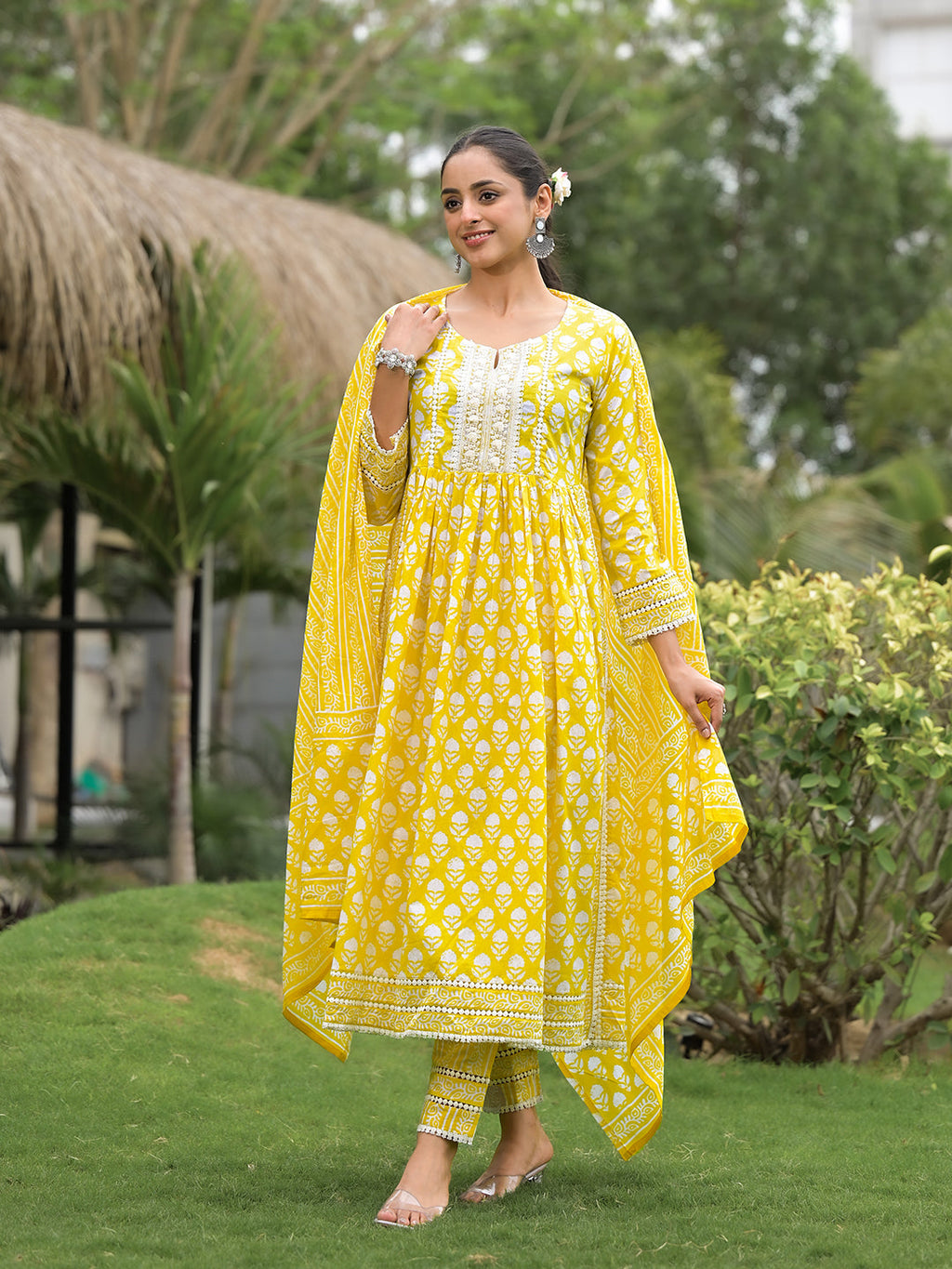 Noe Velarro Yellow Floral Print Cotton Kurta Pants with Dupatta set for women