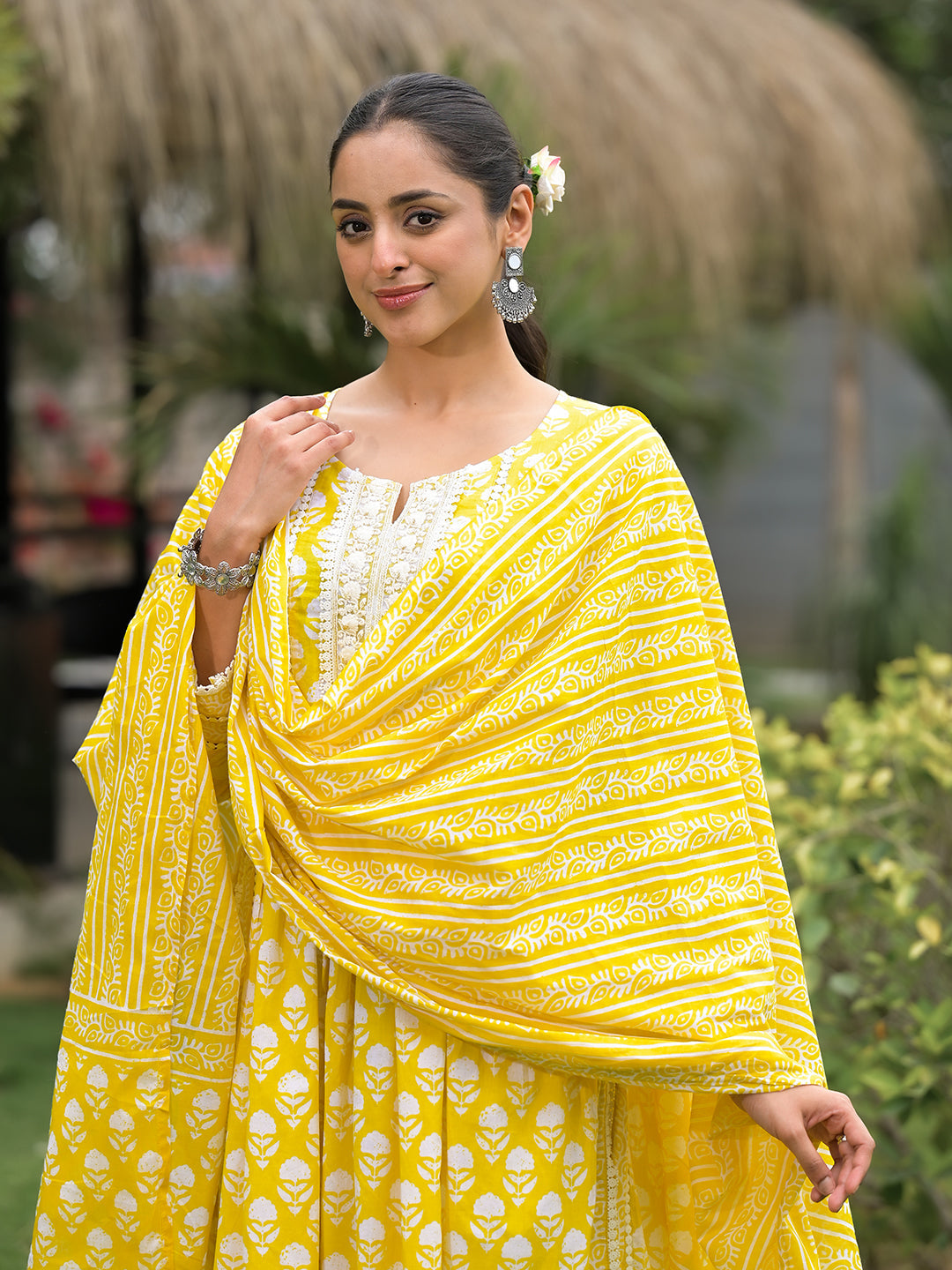 Noe Velarro Yellow Floral Print Cotton Kurta Pants with Dupatta set for women