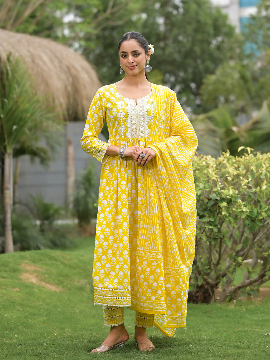 Noe Velarro Yellow Floral Print Cotton Kurta Pants with Dupatta set for women