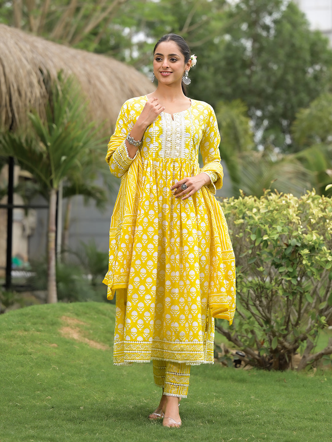 Noe Velarro Yellow Floral Print Cotton Kurta Pants with Dupatta set for women