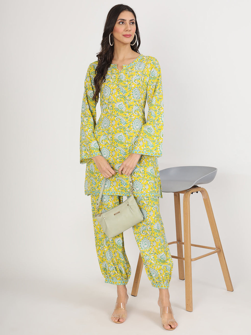 Noe Velarro Mustard Floral Print Rayon Co-ord set