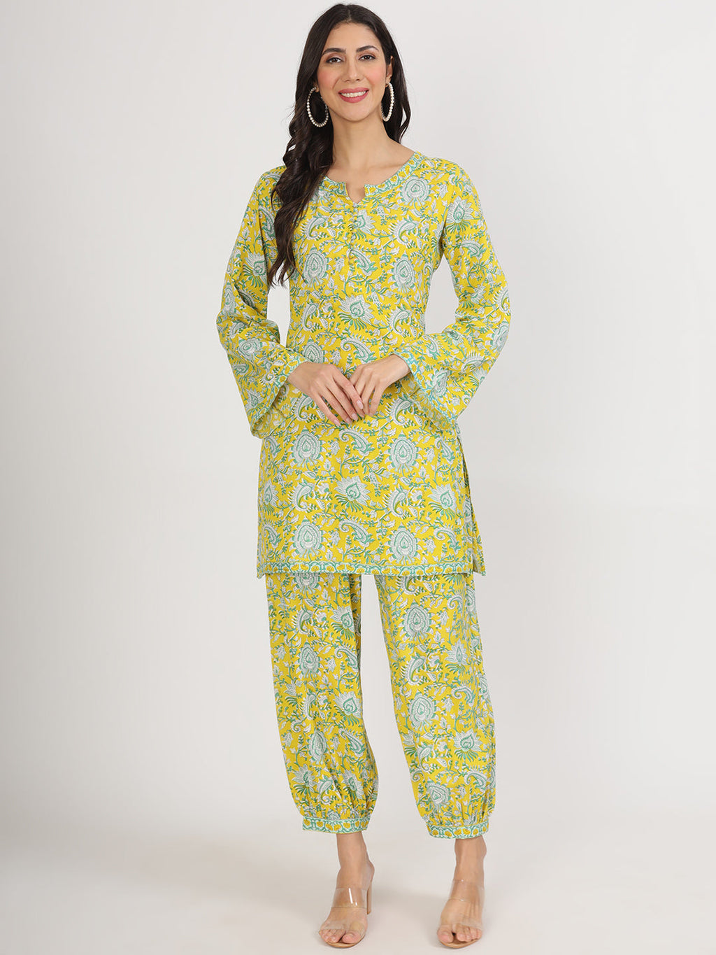 Noe Velarro Mustard Floral Print Rayon Co-ord set