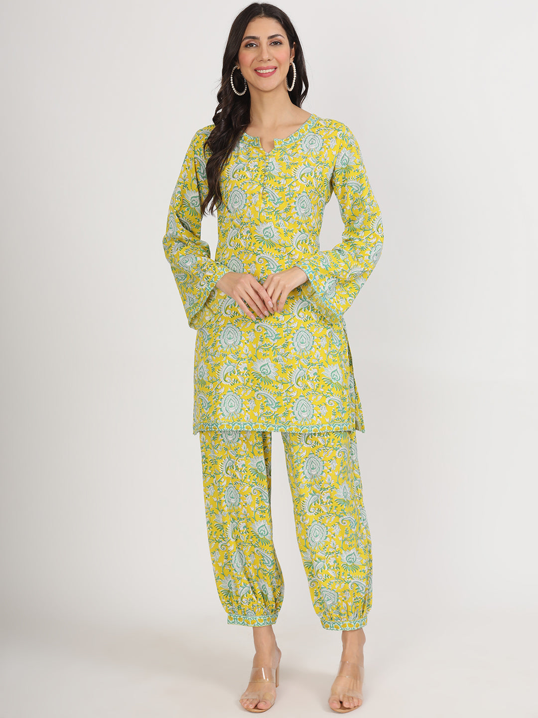 Noe Velarro Mustard Floral Print Rayon Co-ord set