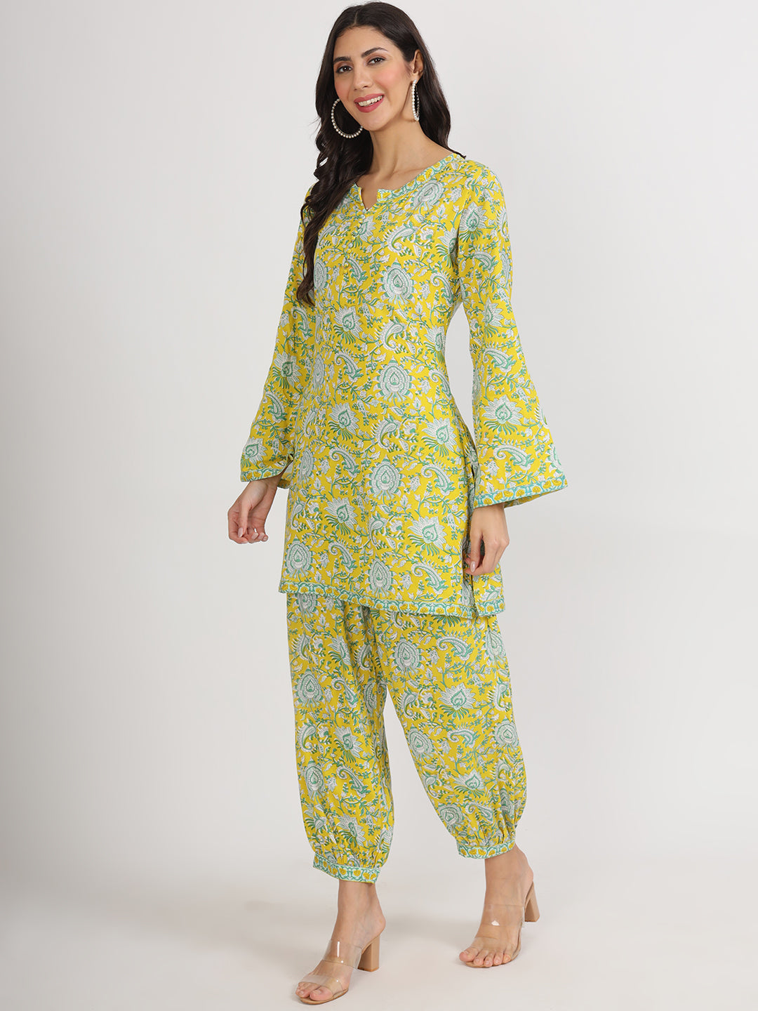 Noe Velarro Mustard Floral Print Rayon Co-ord set