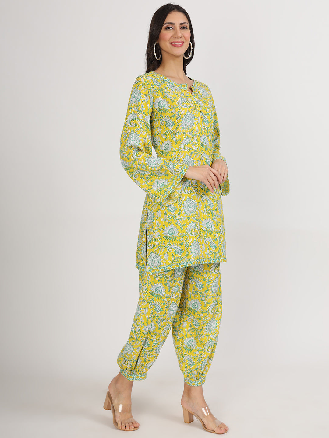 Noe Velarro Mustard Floral Print Rayon Co-ord set