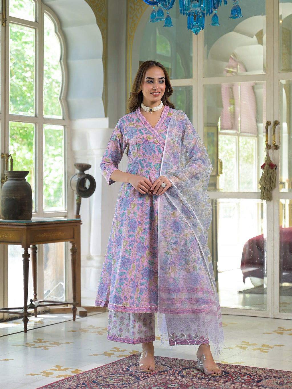 Noe Velarro Pink Cotton Block Print Angarakha Kurta Pant with Dupatta