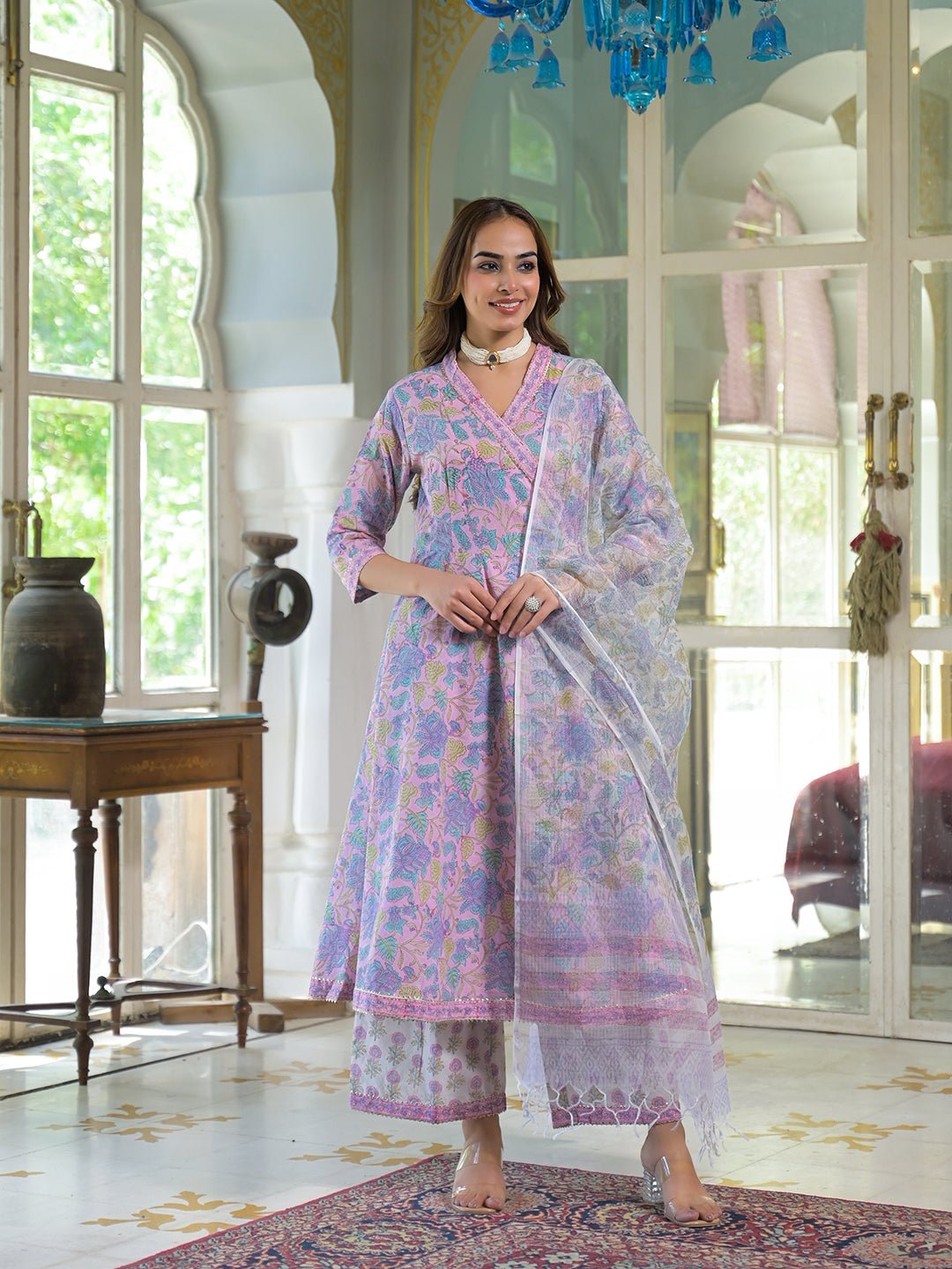 Noe Velarro Pink Cotton Block Print Angarakha Kurta Pant with Dupatta