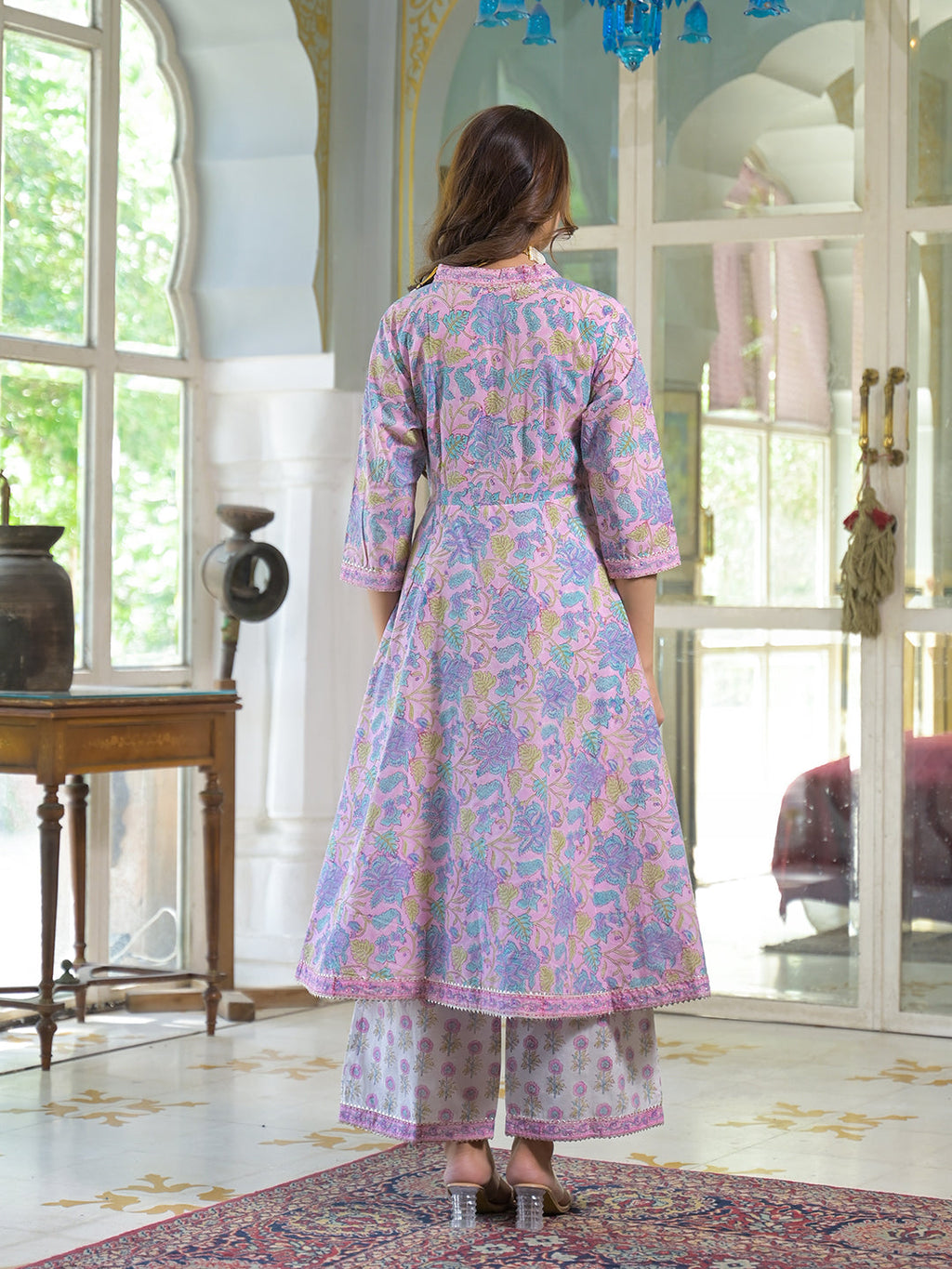 Noe Velarro Pink Cotton Block Print Angarakha Kurta Pant with Dupatta