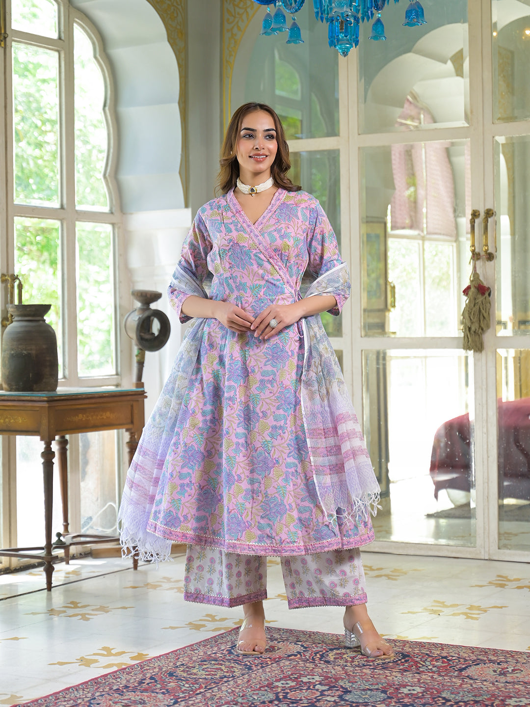 Noe Velarro Pink Cotton Block Print Angarakha Kurta Pant with Dupatta