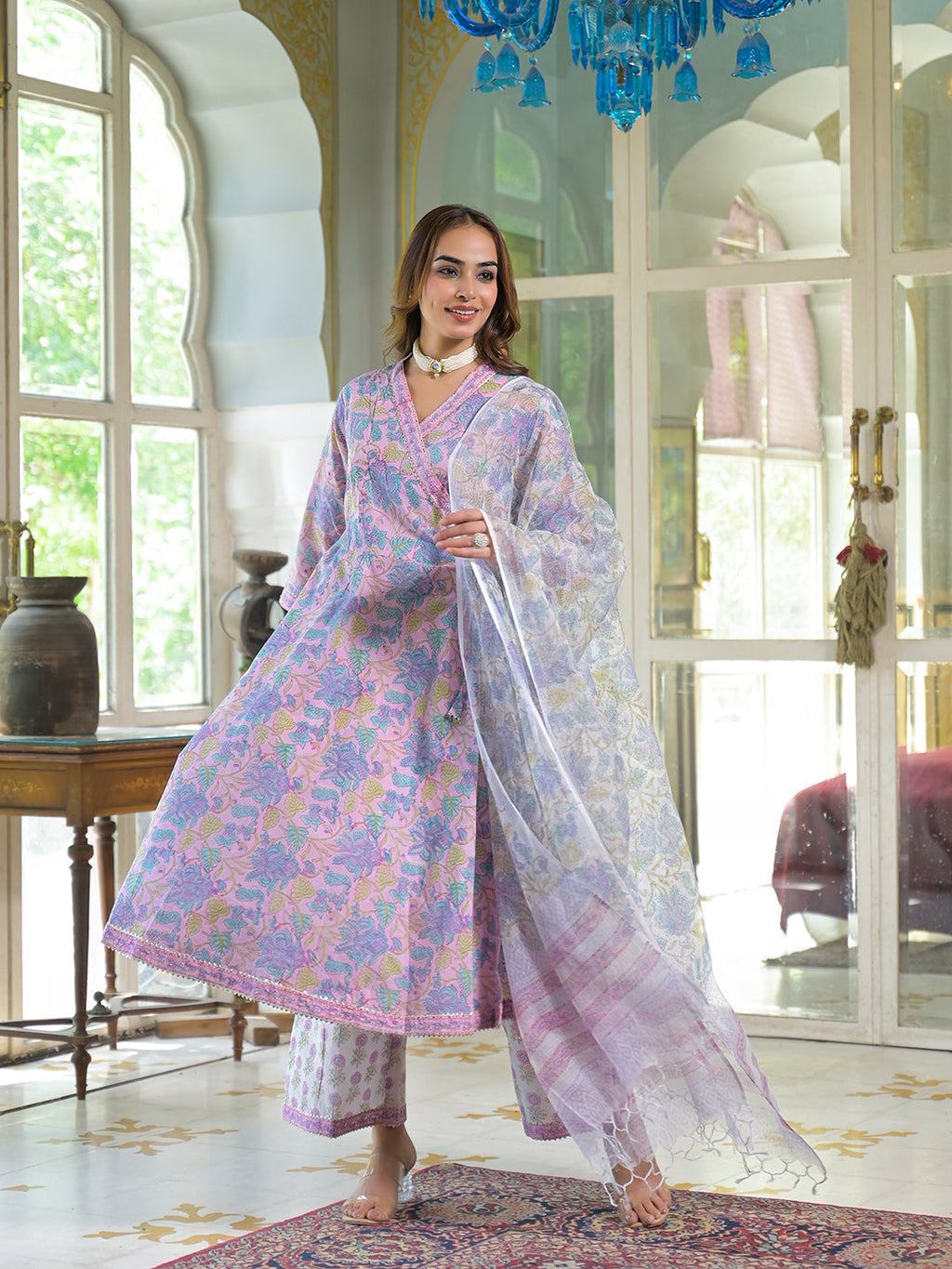 Noe Velarro Pink Cotton Block Print Angarakha Kurta Pant with Dupatta