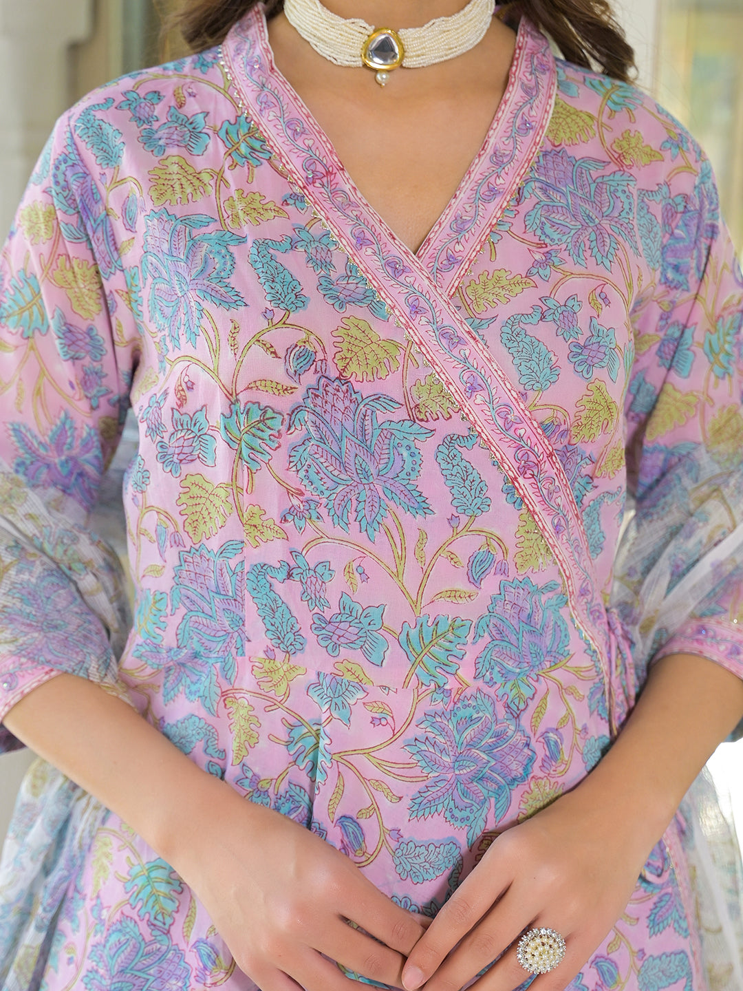 Noe Velarro Pink Cotton Block Print Angarakha Kurta Pant with Dupatta