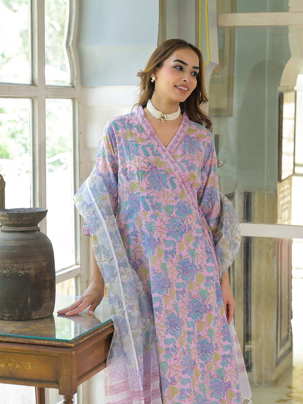 Noe Velarro Pink Cotton Block Print Angarakha Kurta Pant with Dupatta