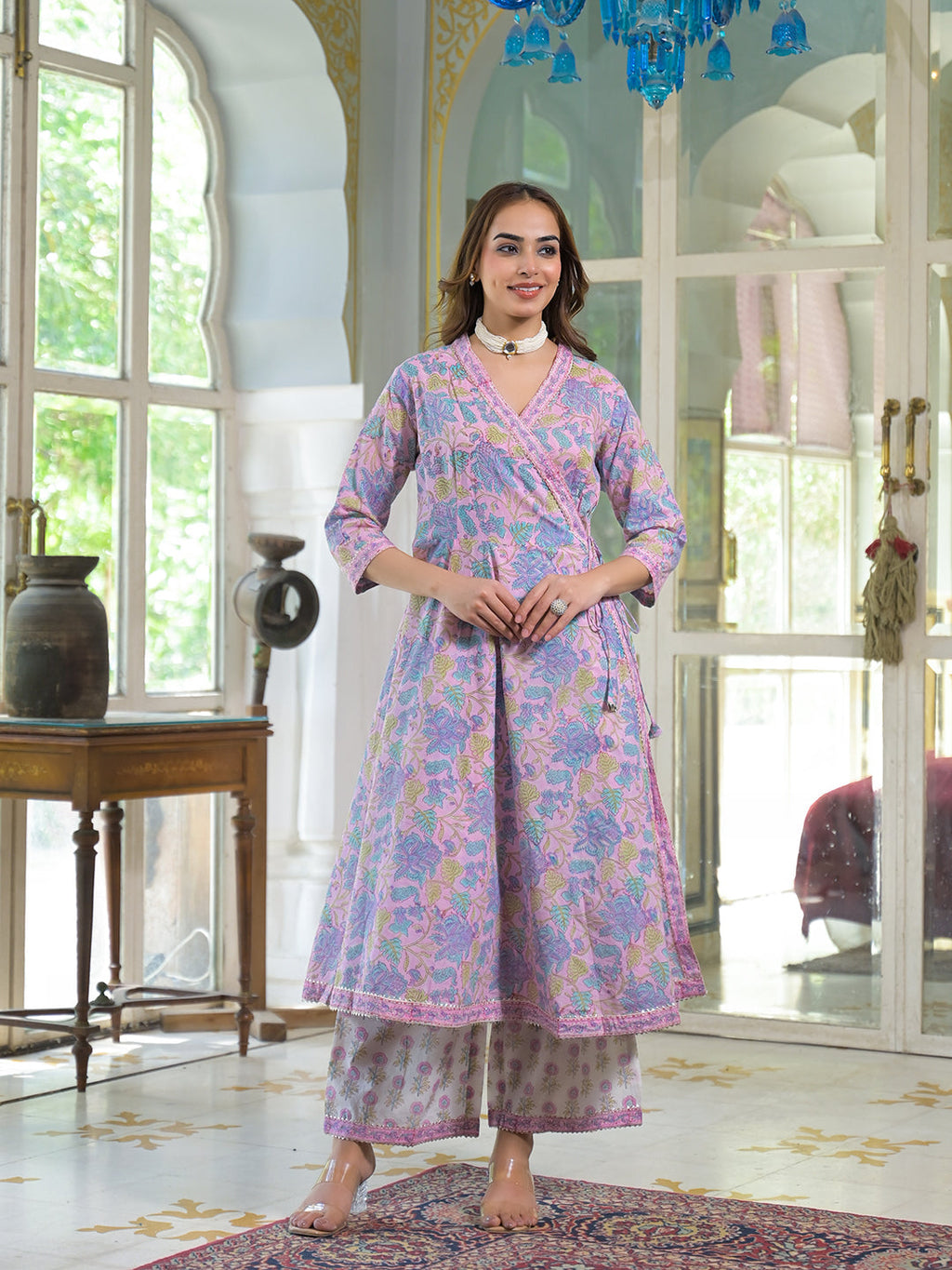 Noe Velarro Pink Cotton Block Print Angarakha Kurta Pant with Dupatta