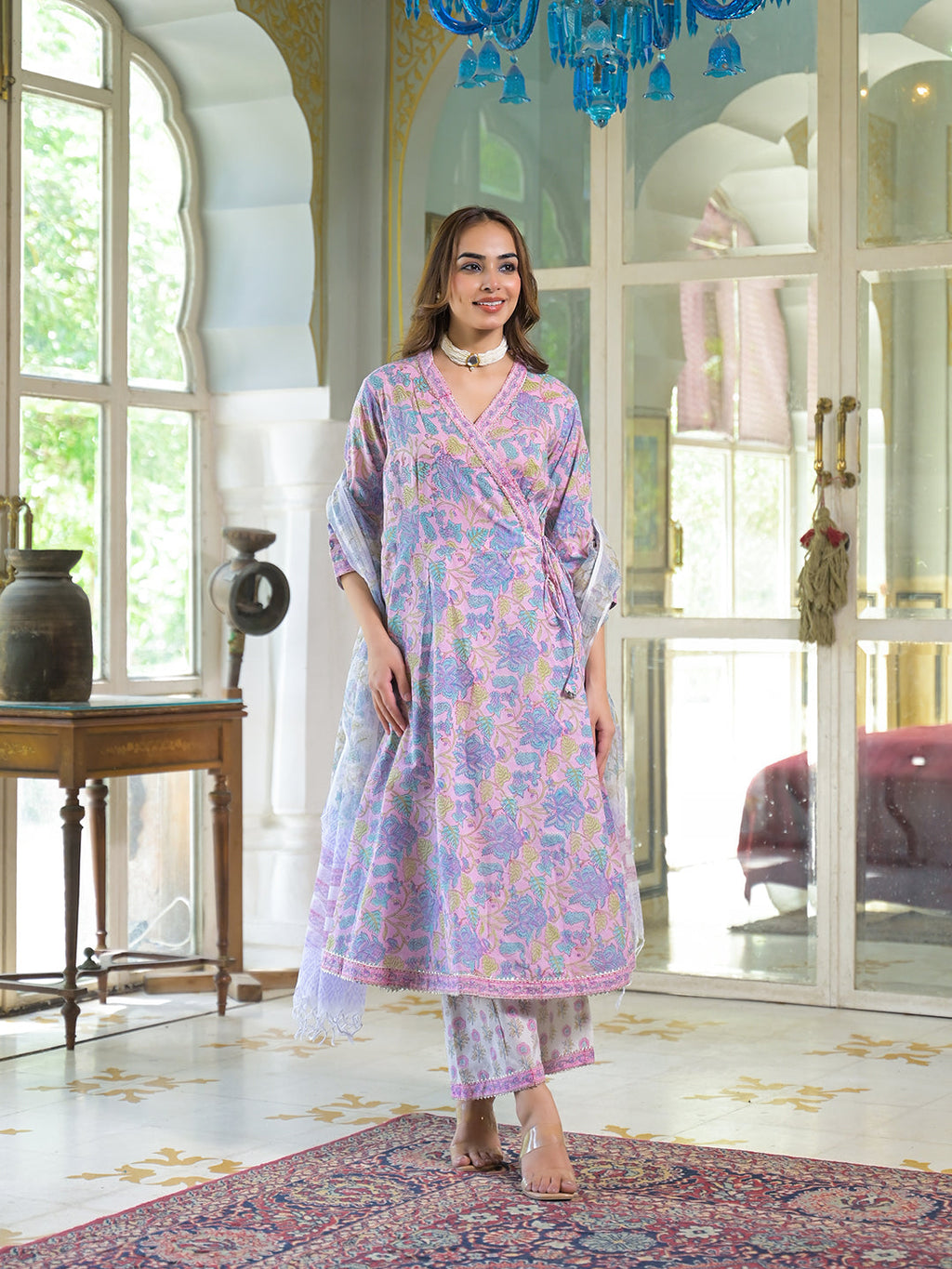Noe Velarro Pink Cotton Block Print Angarakha Kurta Pant with Dupatta