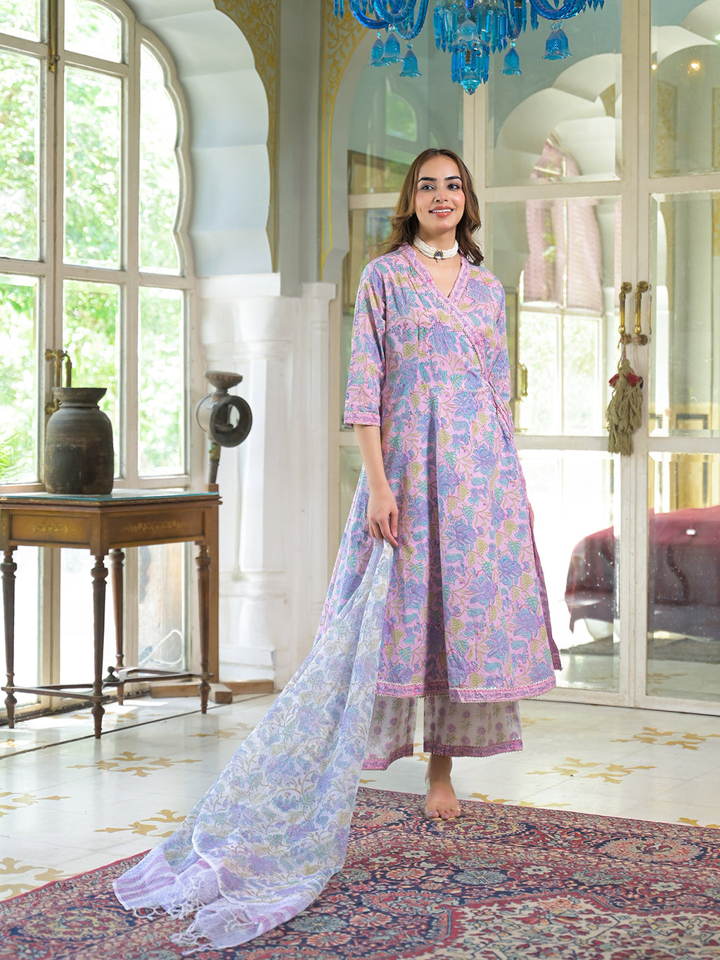 Noe Velarro Pink Cotton Block Print Angarakha Kurta Pant with Dupatta