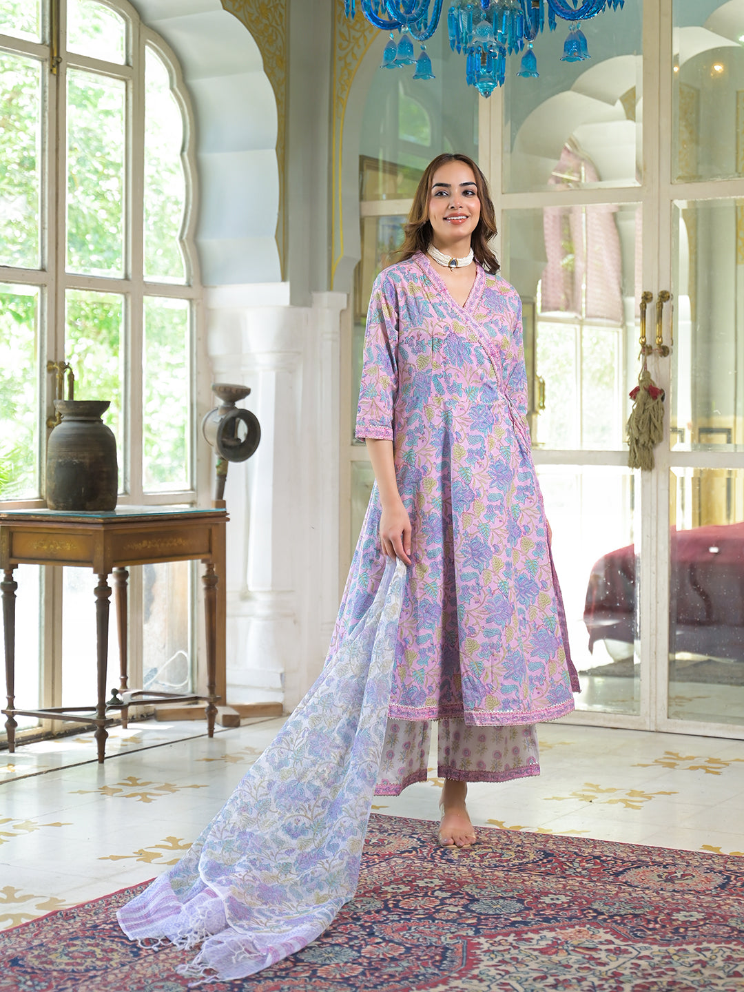 Noe Velarro Pink Cotton Block Print Angarakha Kurta Pant with Dupatta