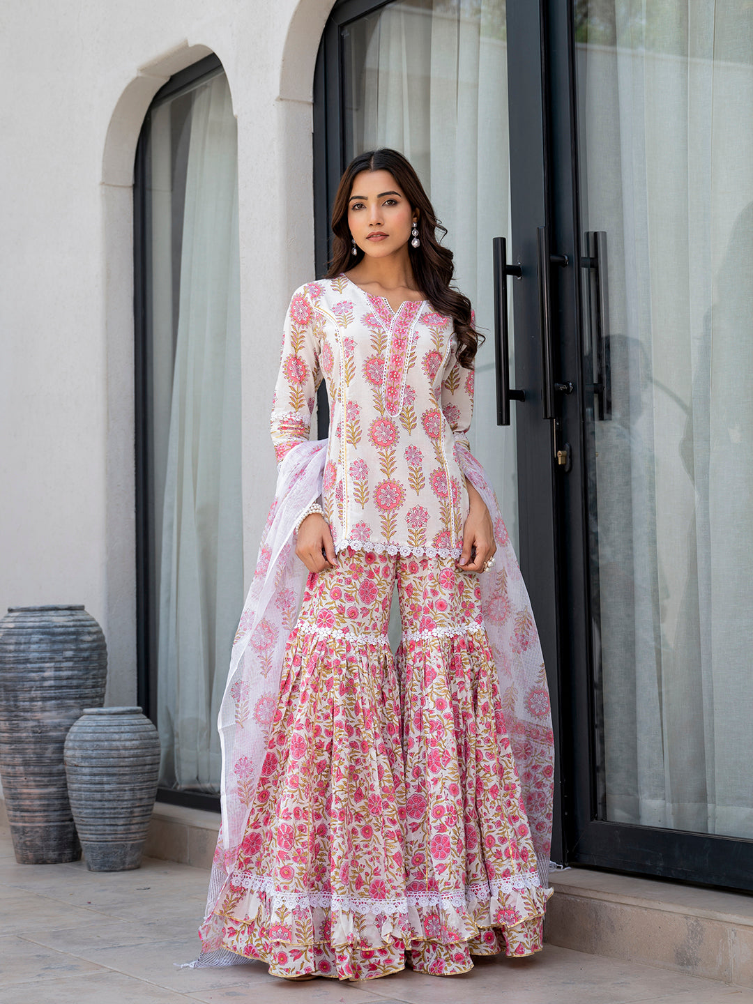 Noe Velarro White Floral Print Pure Cotton Kurta Sharara Set for Women