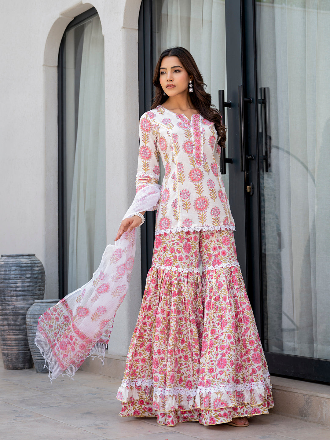 Noe Velarro White Floral Print Pure Cotton Kurta Sharara Set for Women