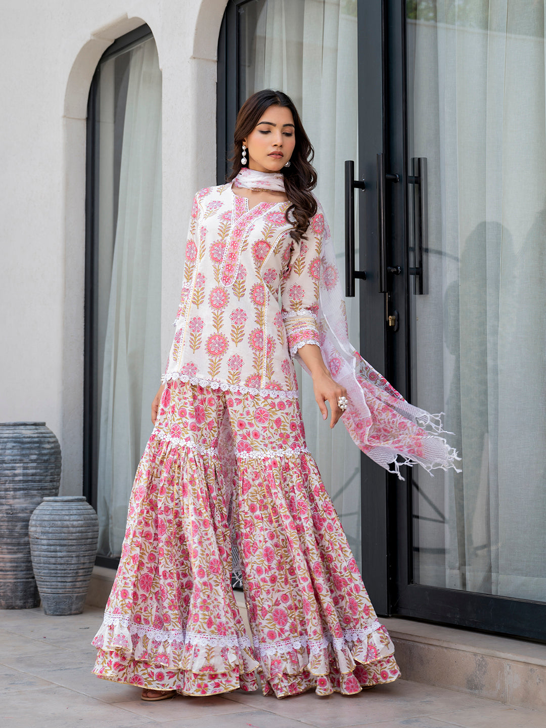 Noe Velarro White Floral Print Pure Cotton Kurta Sharara Set for Women