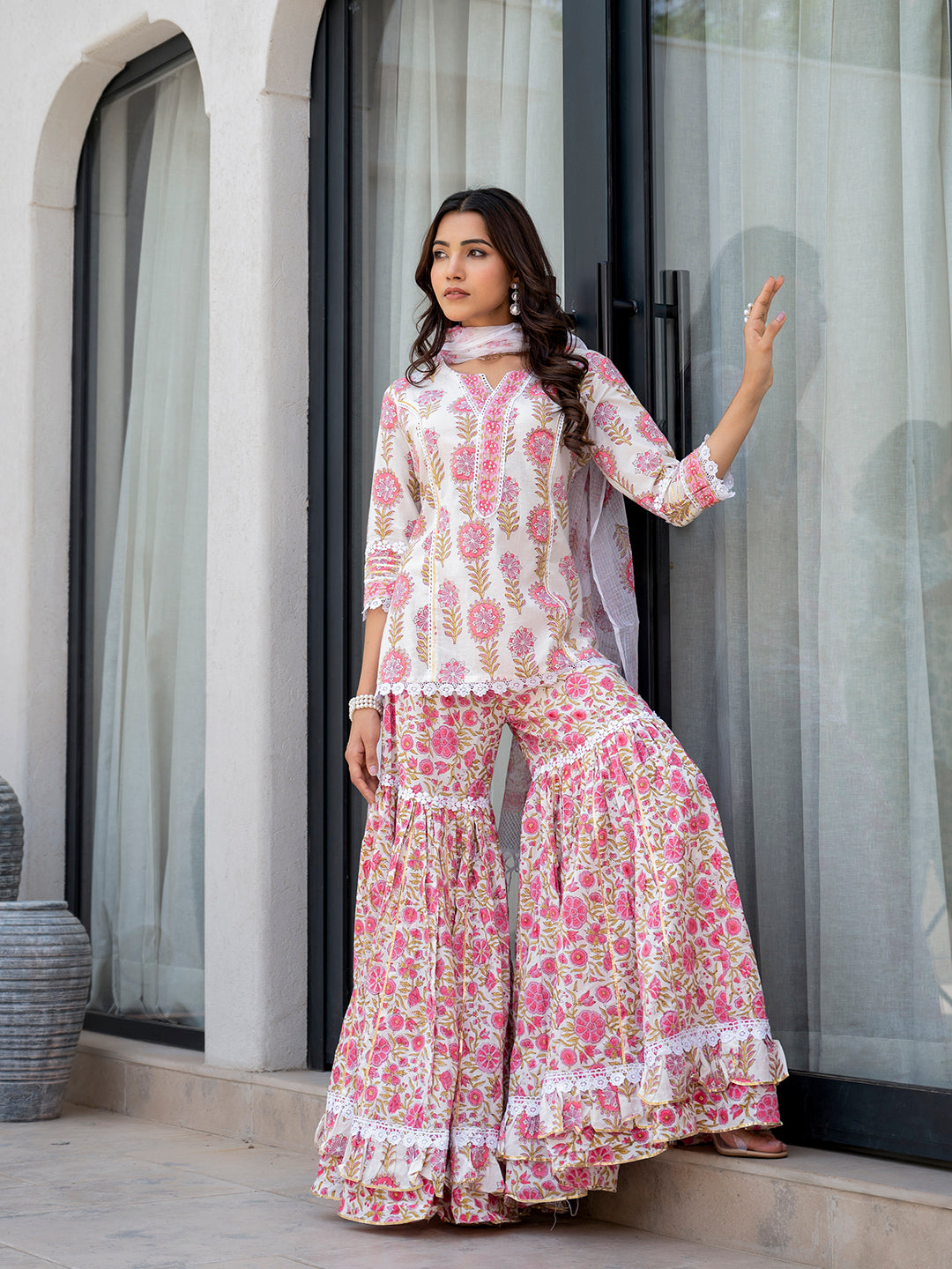 Noe Velarro White Floral Print Pure Cotton Kurta Sharara Set for Women