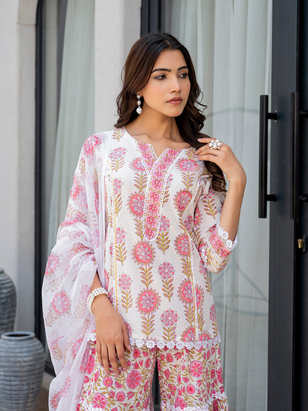 Noe Velarro White Floral Print Pure Cotton Kurta Sharara Set for Women