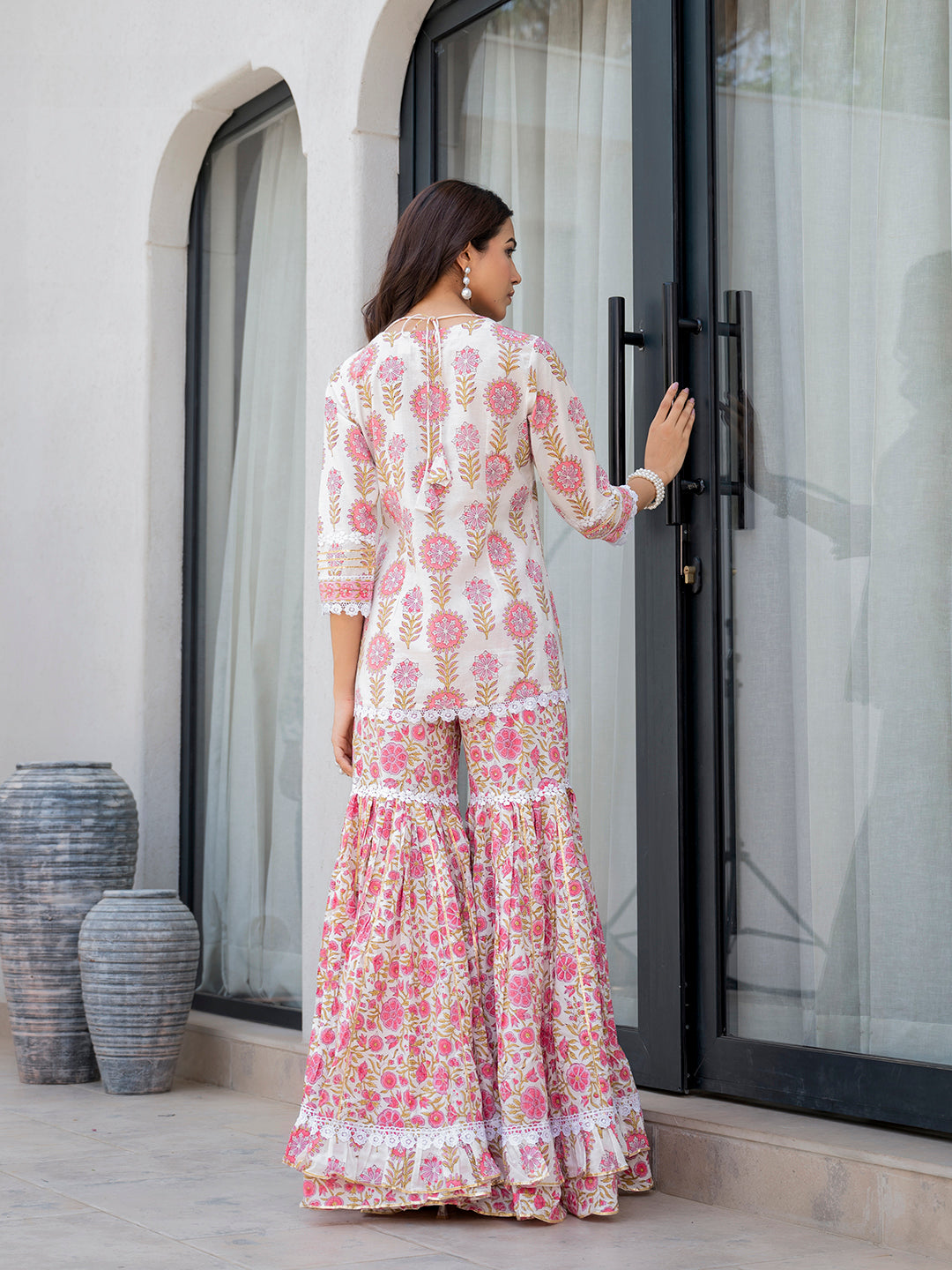 Noe Velarro White Floral Print Pure Cotton Kurta Sharara Set for Women