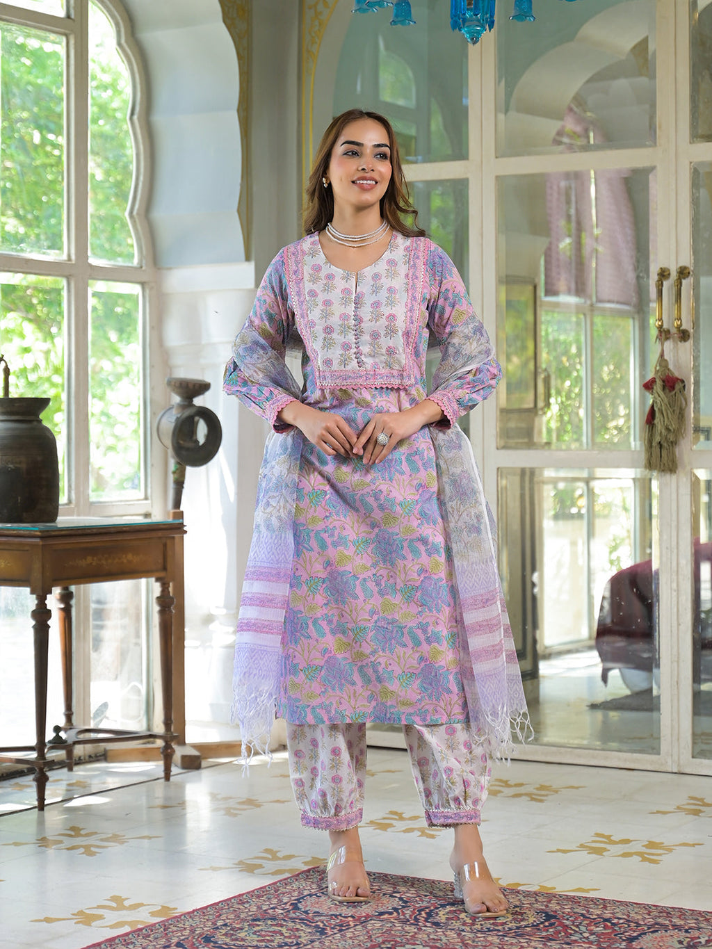 Noe Velarro Pink Cotton Block Print Straight Kurta Pant With Dupatta